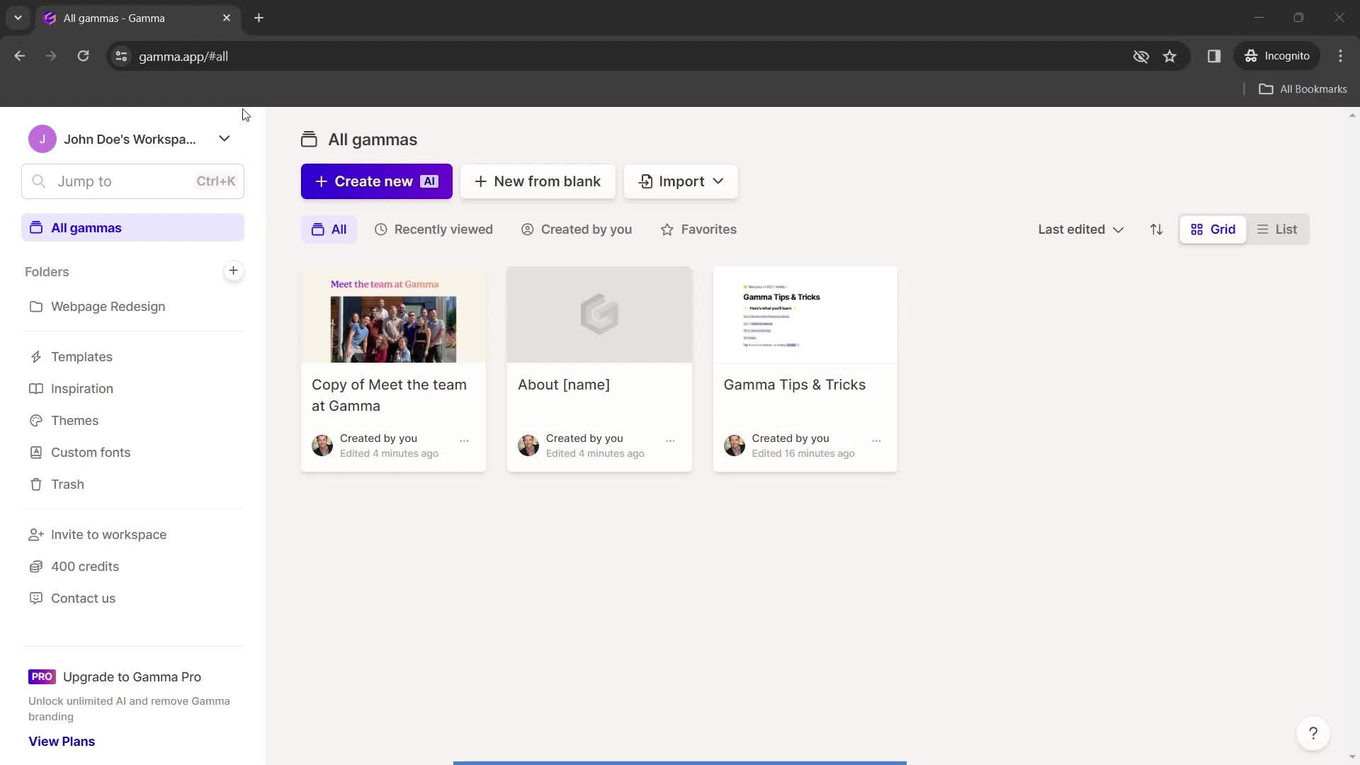 Gamma dashboard screenshot