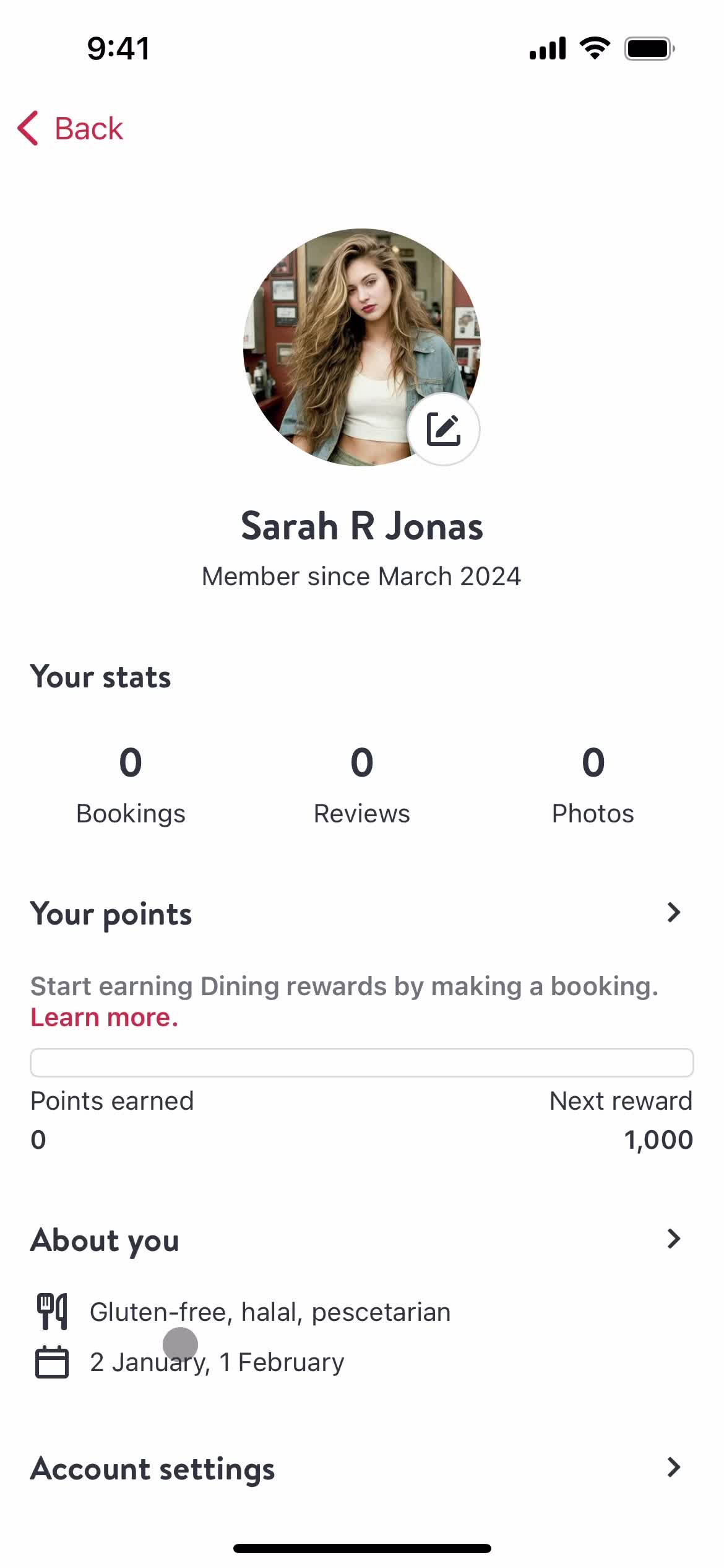 OpenTable account screenshot