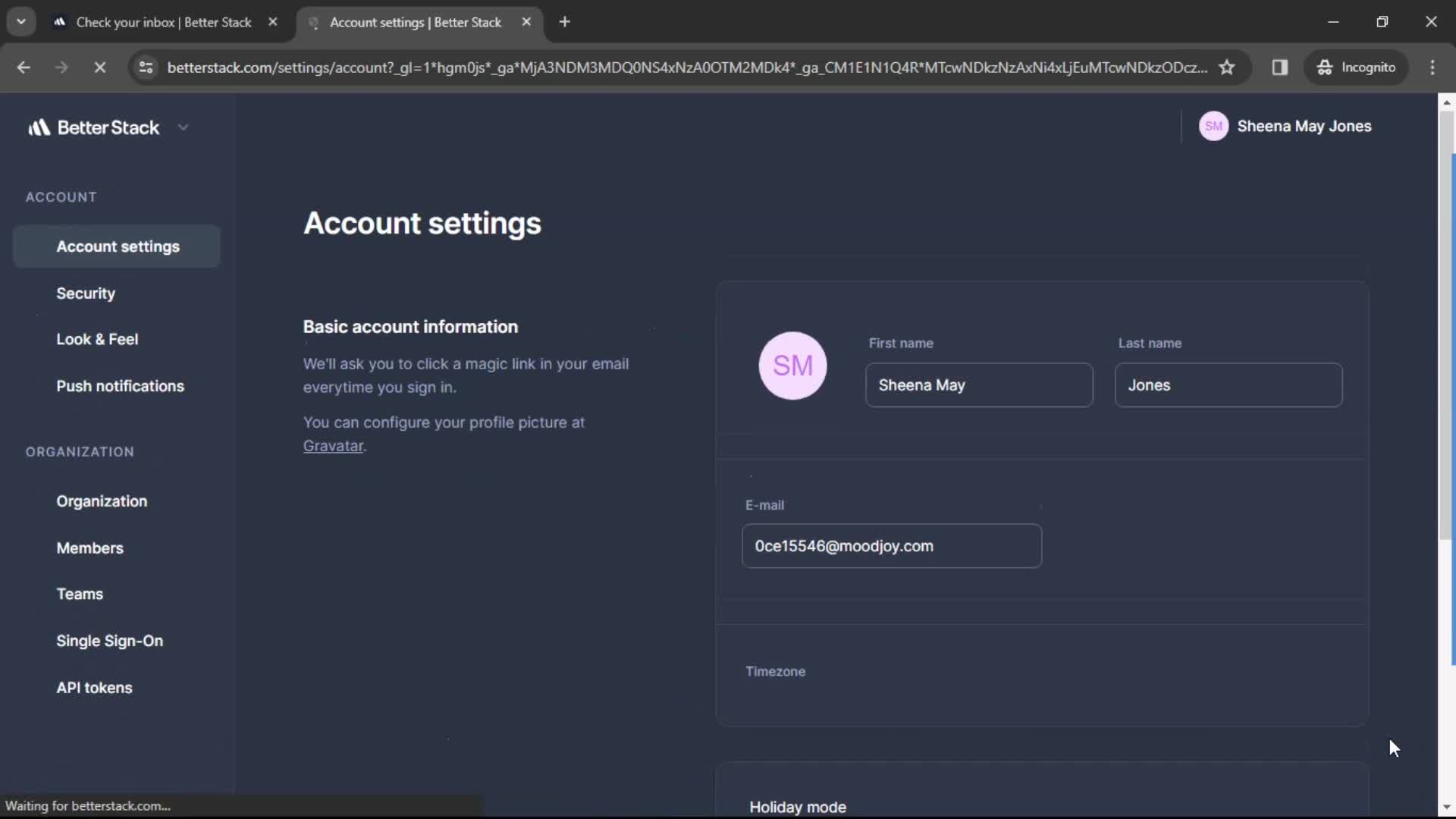 Better Stack account settings screenshot