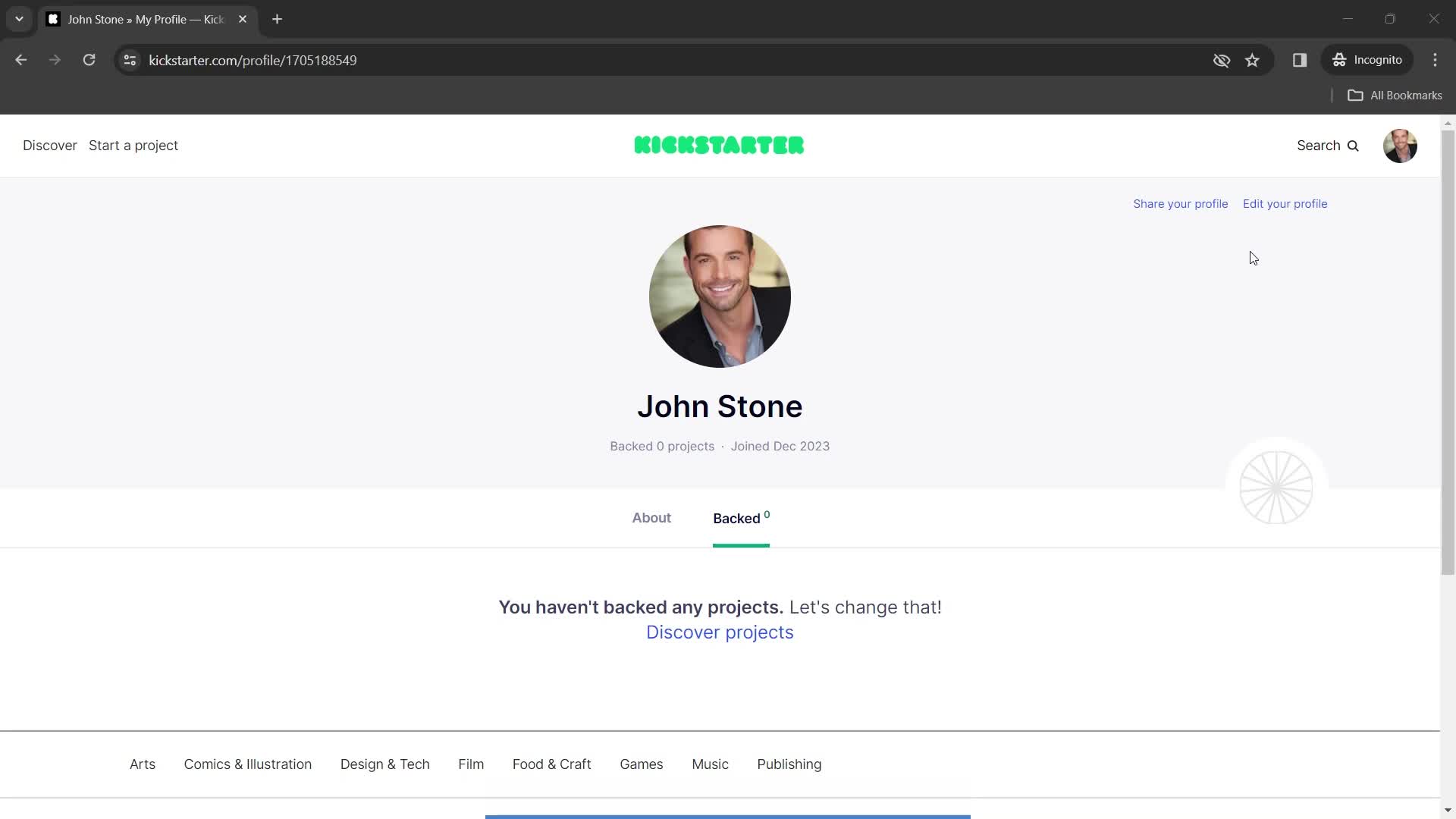 Kickstarter account screenshot