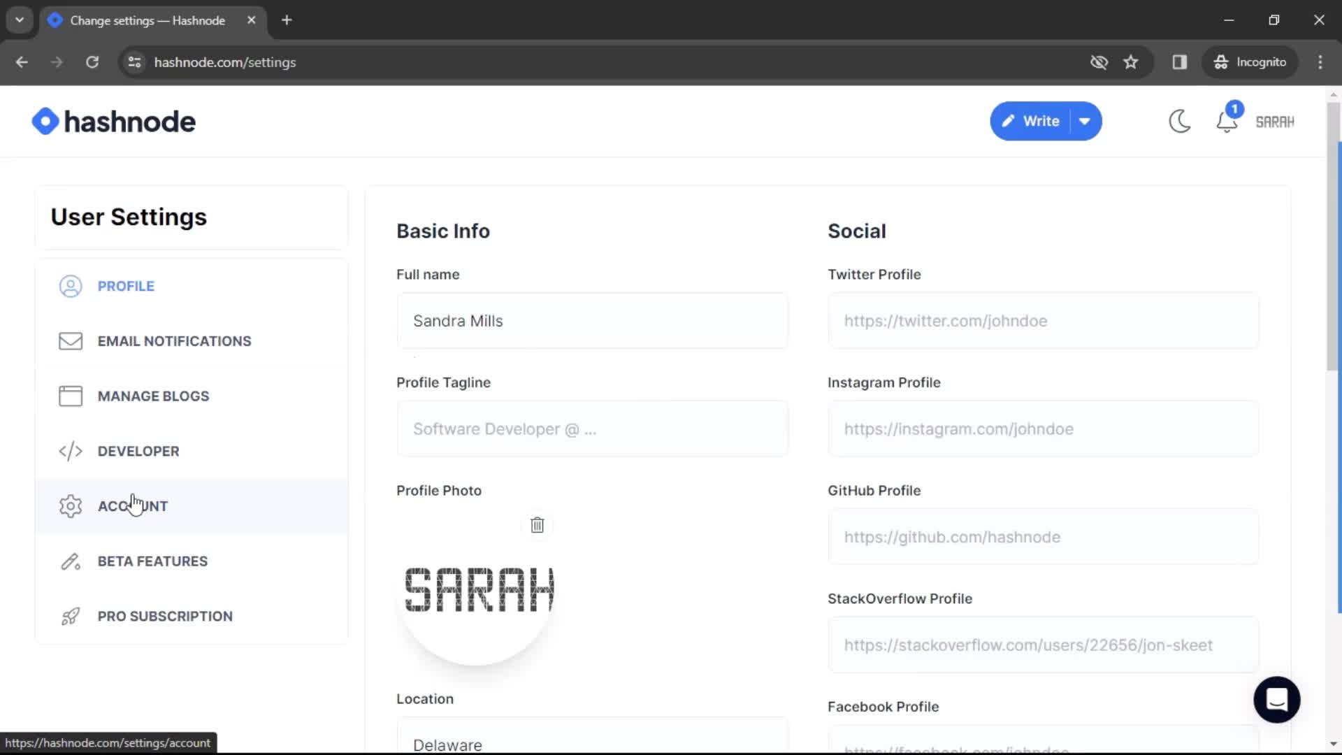 Hashnode user settings screenshot