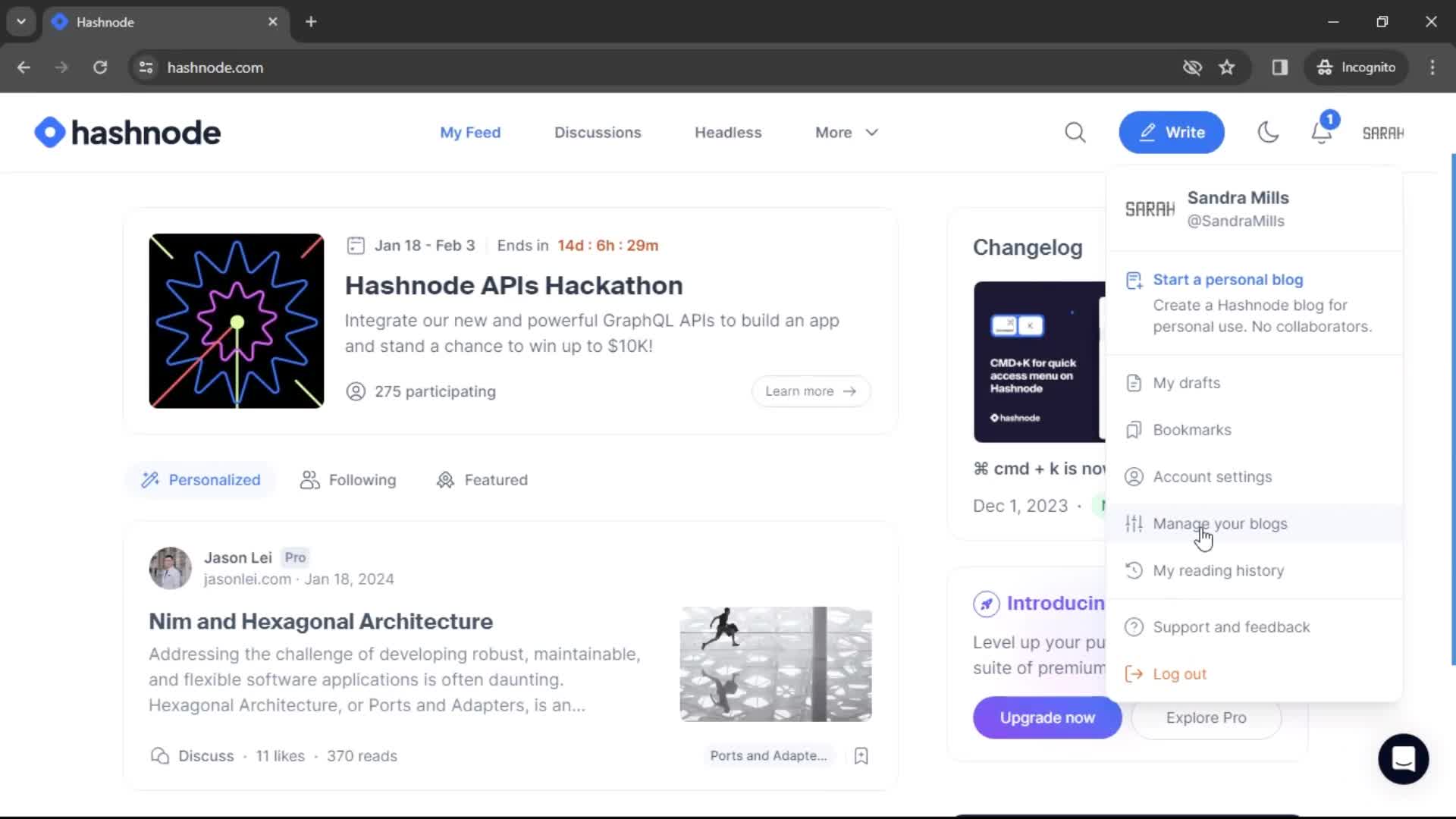 Hashnode account menu screenshot