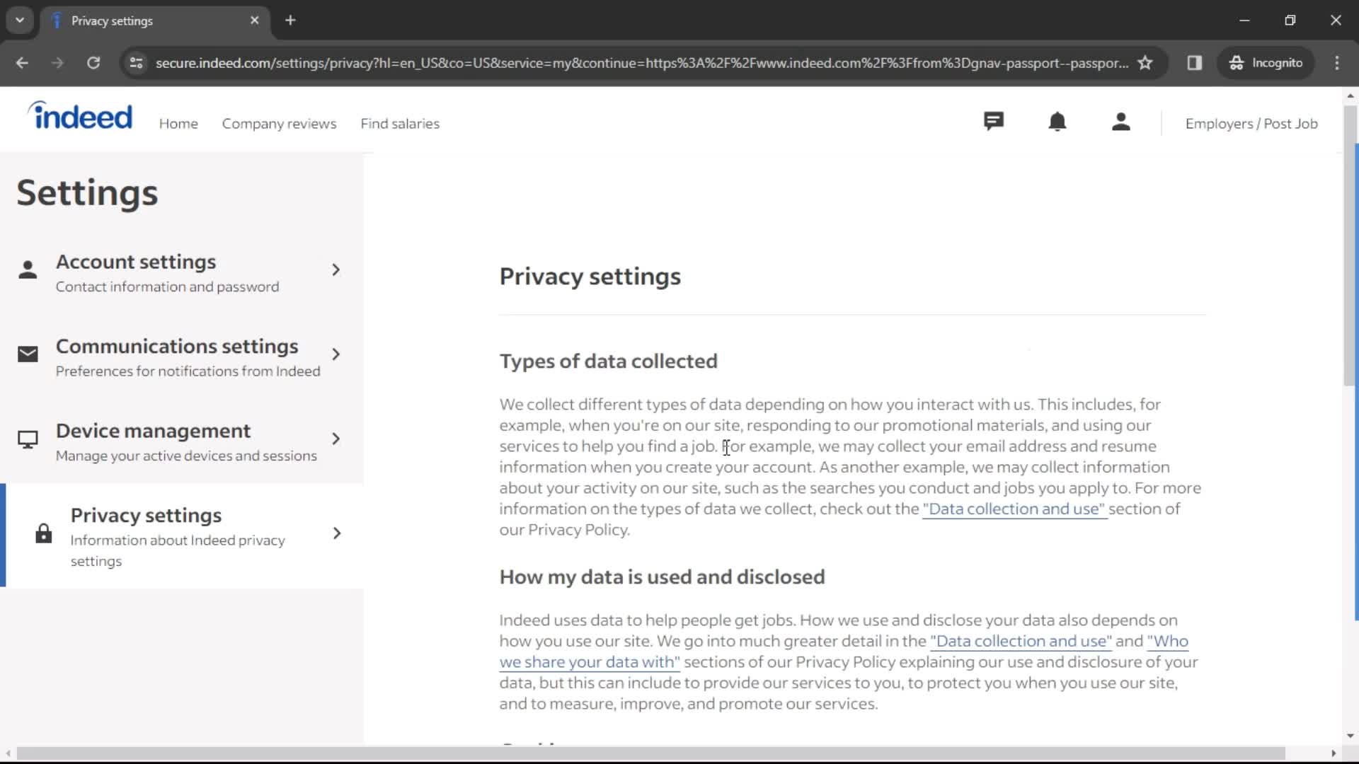 Indeed privacy settings screenshot