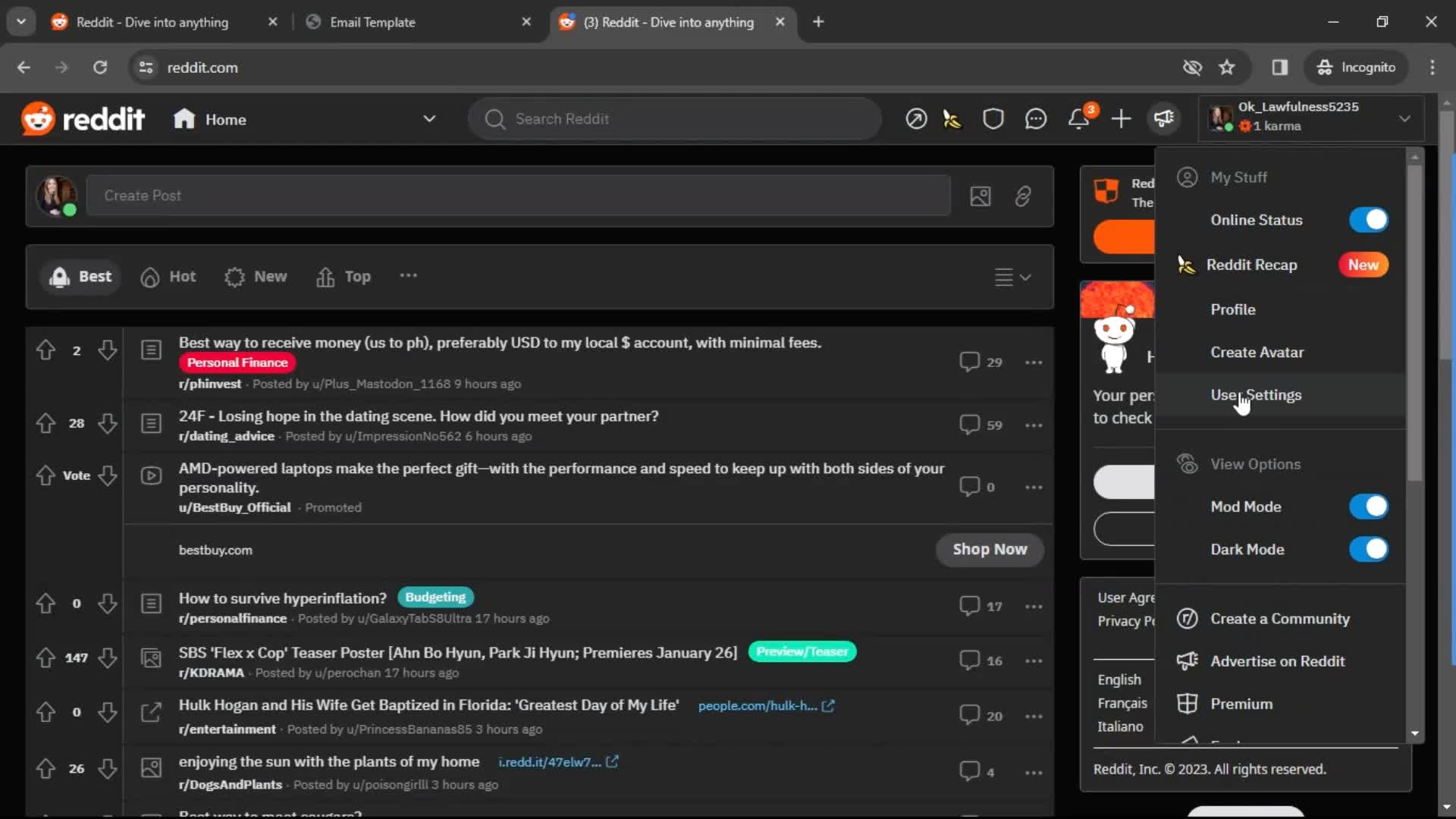 Reddit account menu screenshot