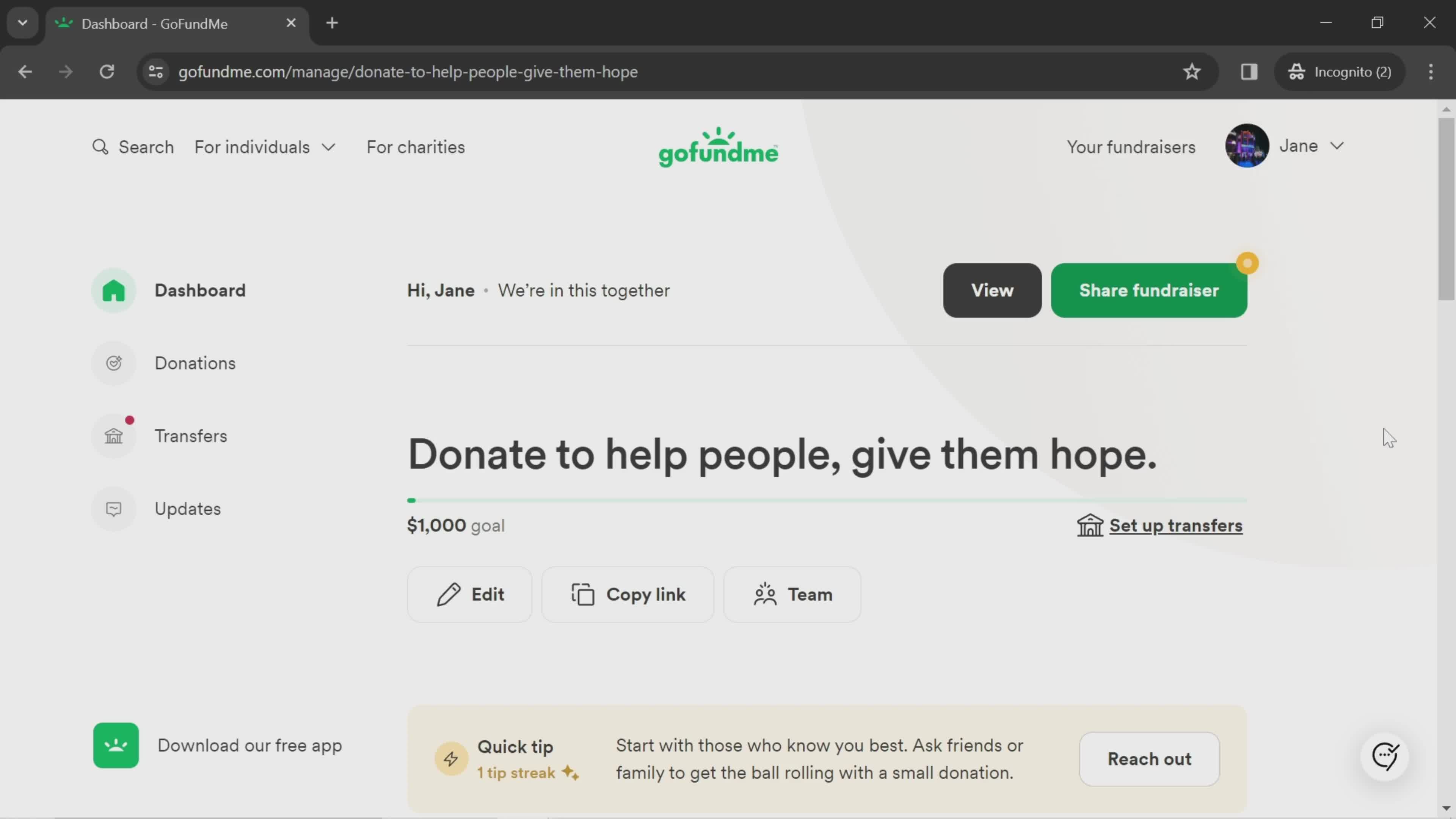 GoFundMe dashboard screenshot