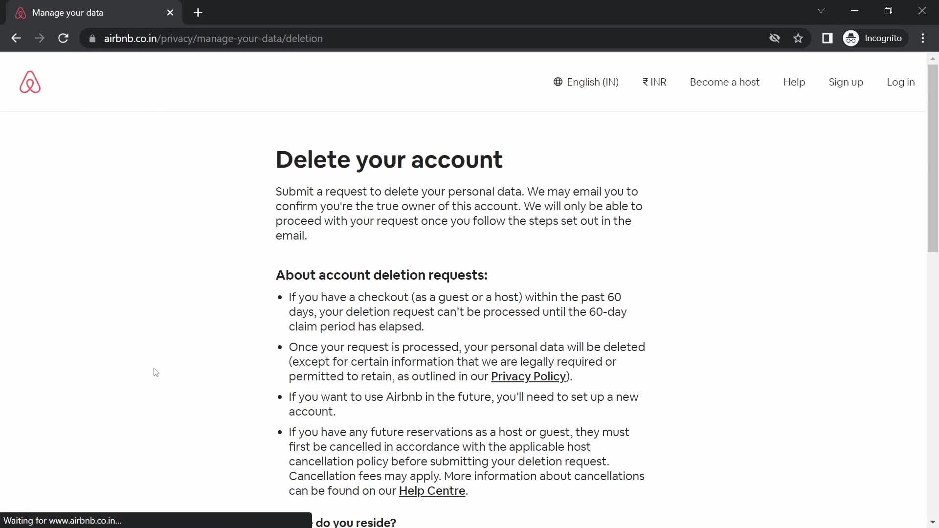 Airbnb delete account screenshot