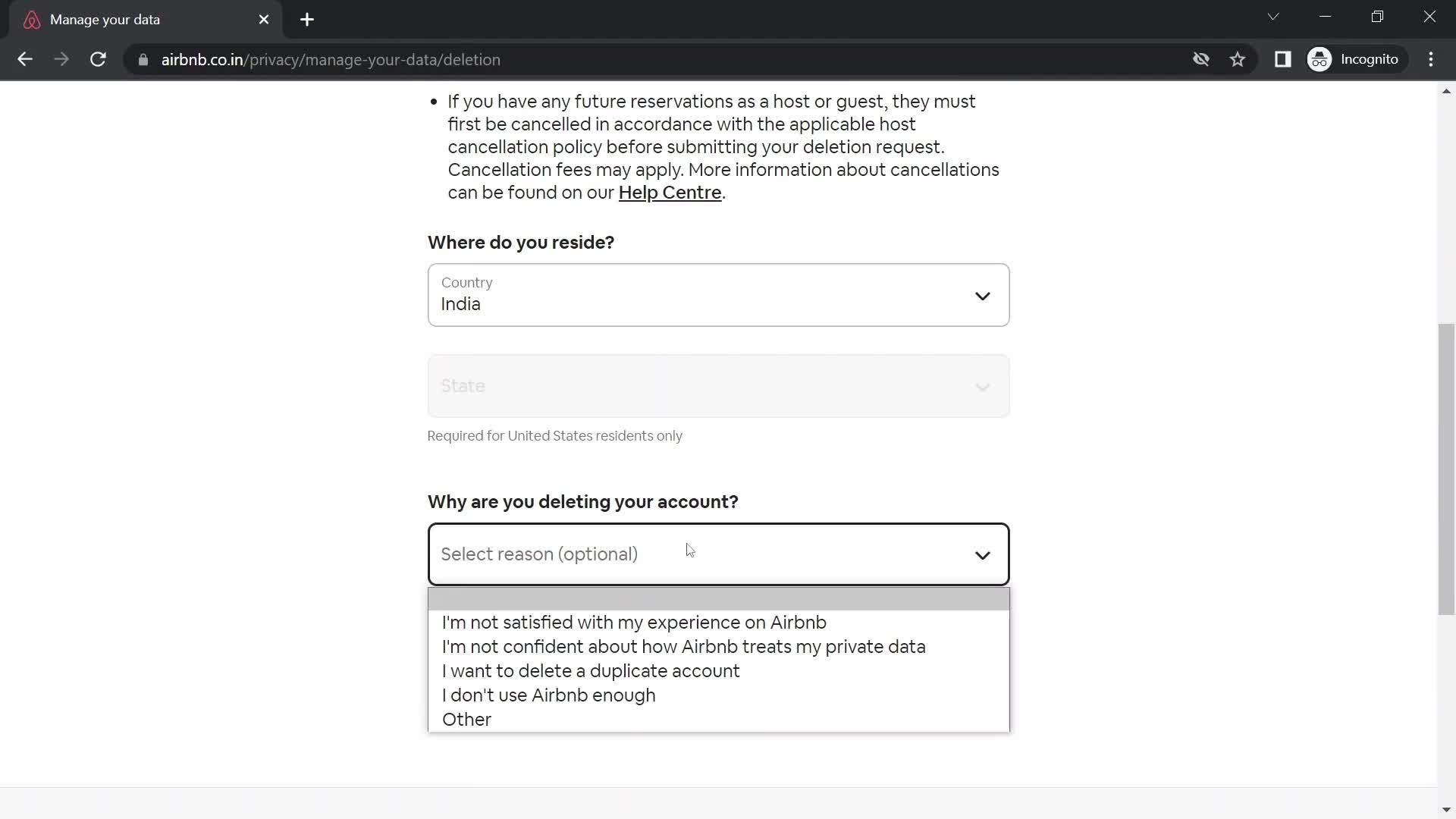 Airbnb select delete reason screenshot