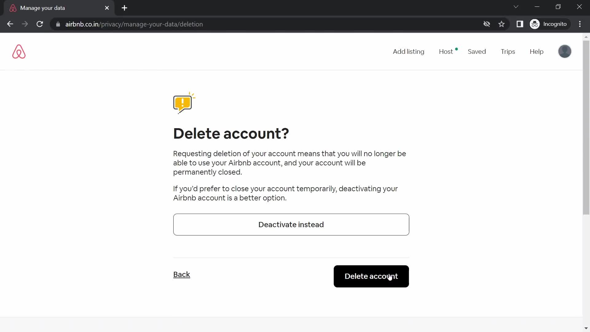 Airbnb confirm delete screenshot