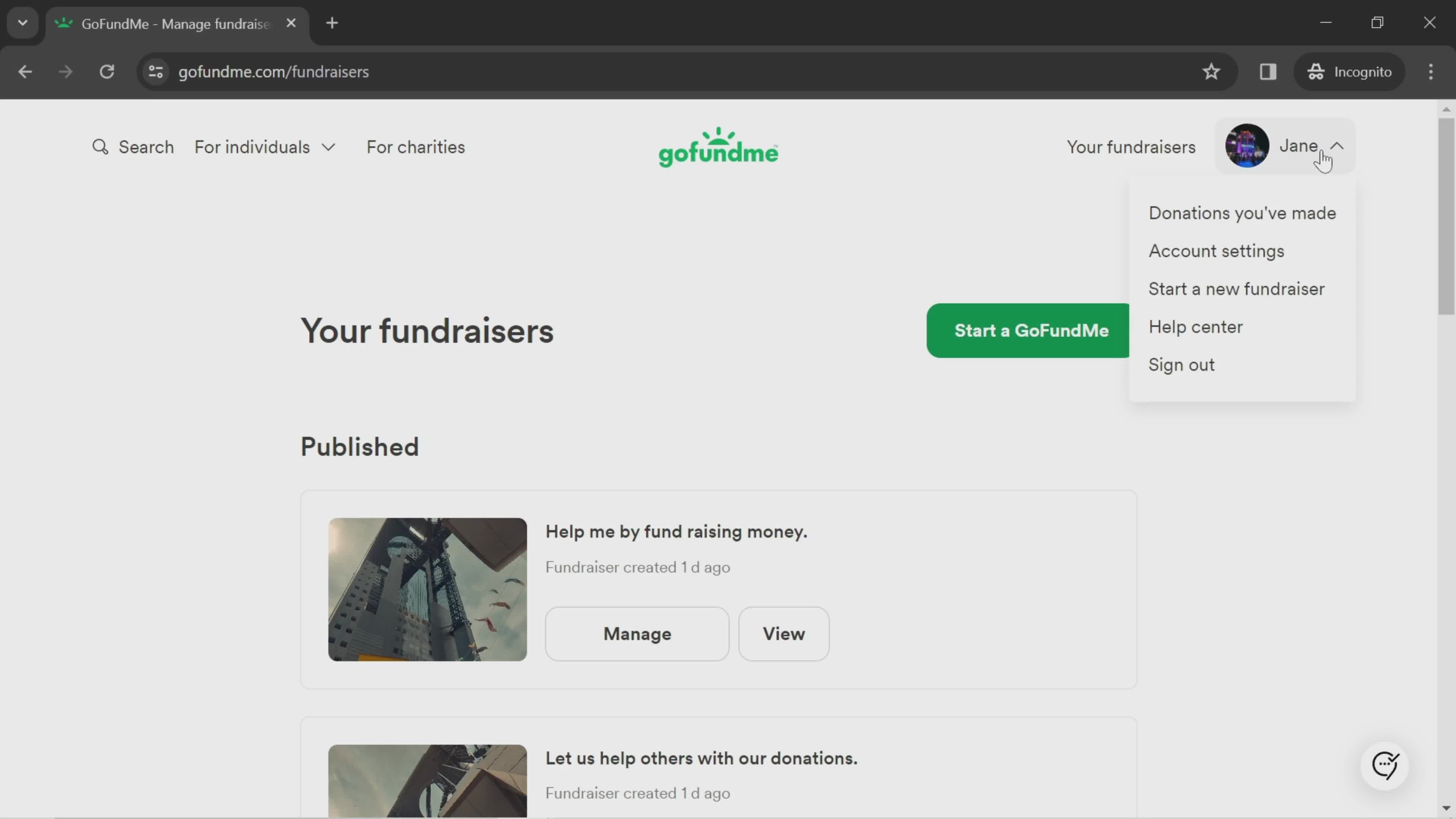 GoFundMe account menu screenshot