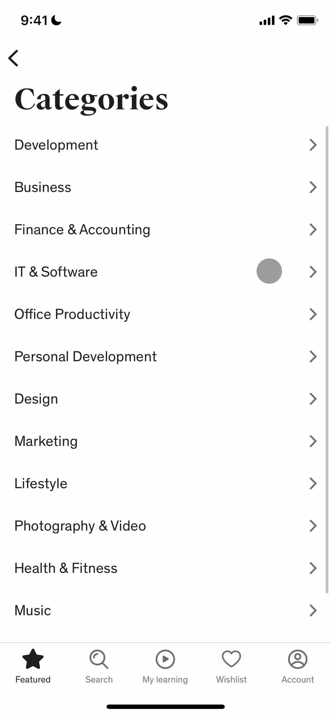 Udemy categories screenshot