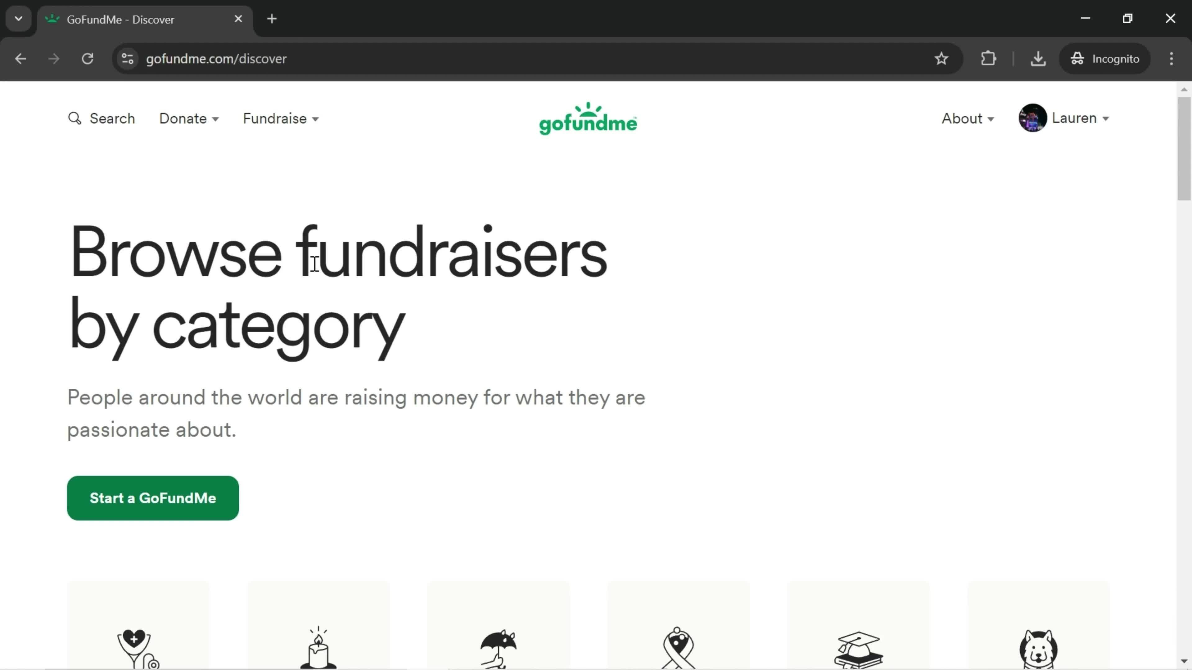 GoFundMe categories screenshot