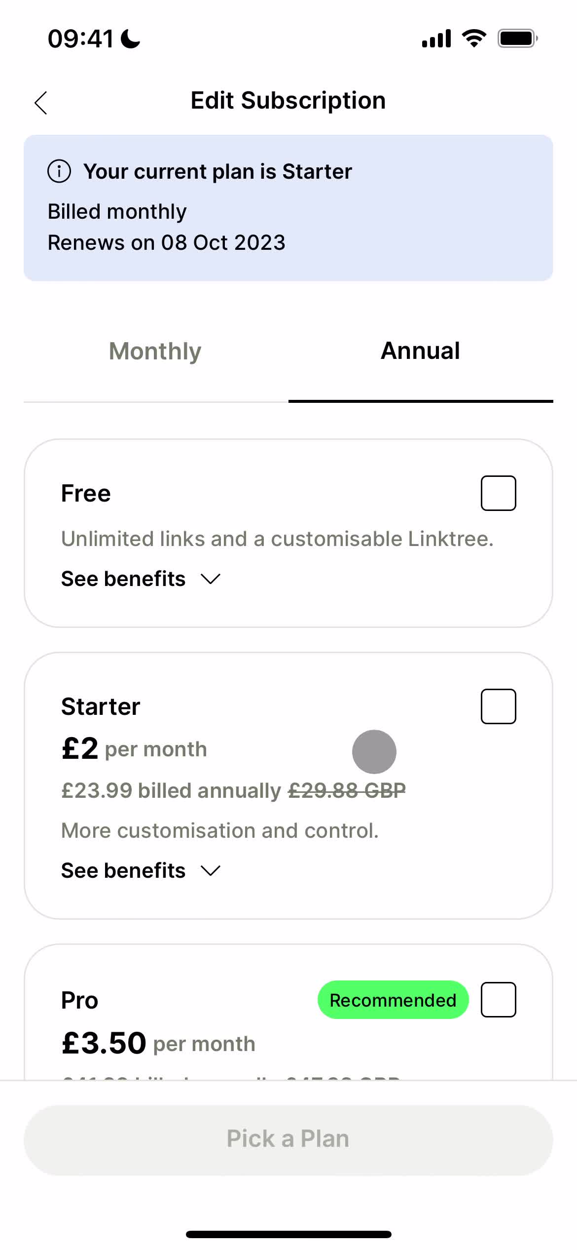 Linktree manage subscription screenshot