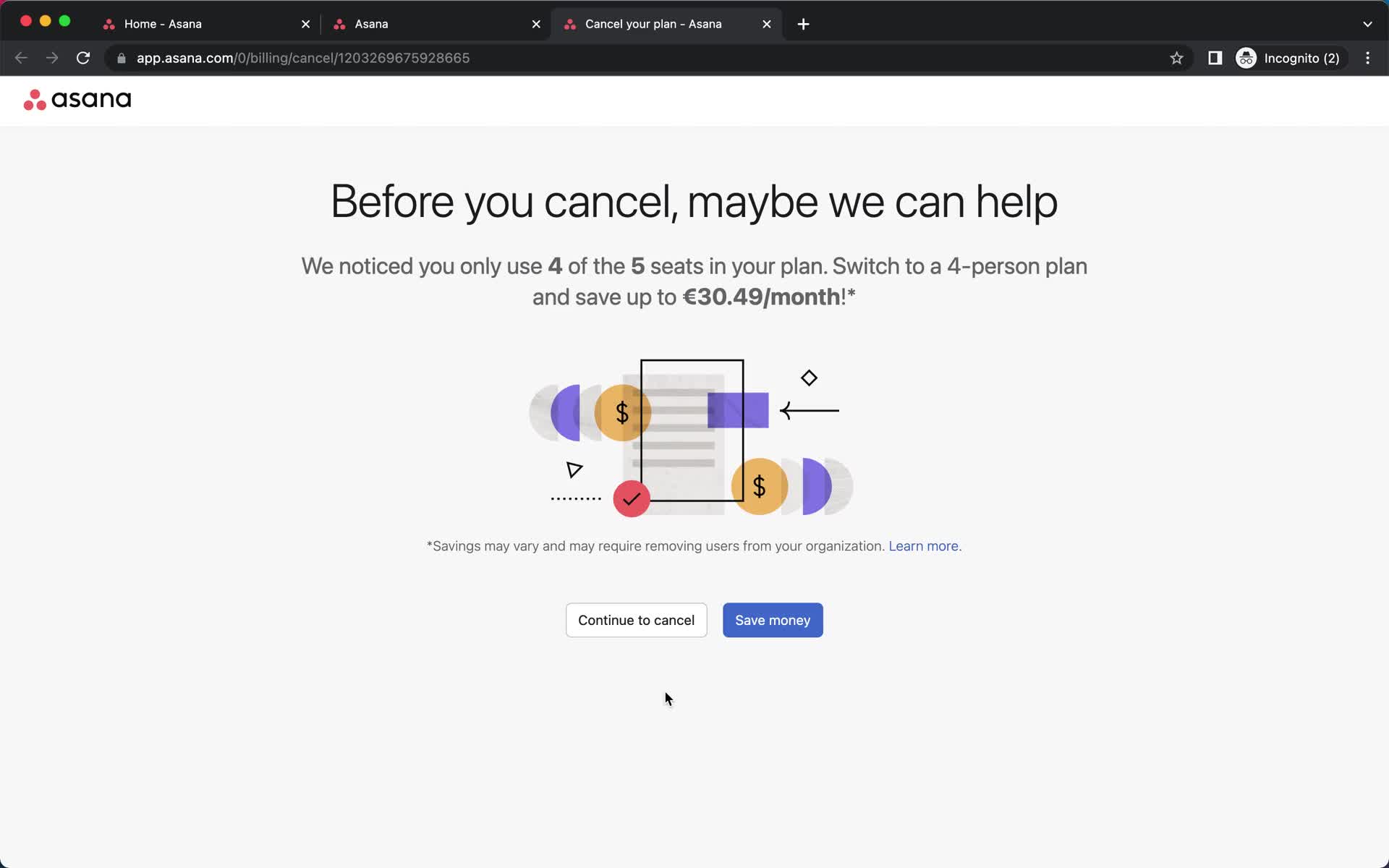 Asana confirm cancellation screenshot