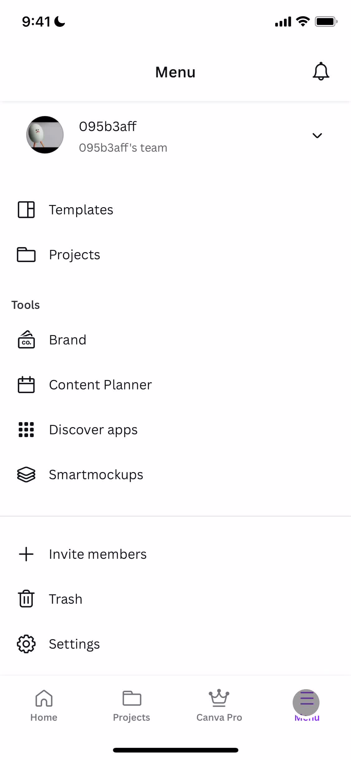 Canva account menu screenshot