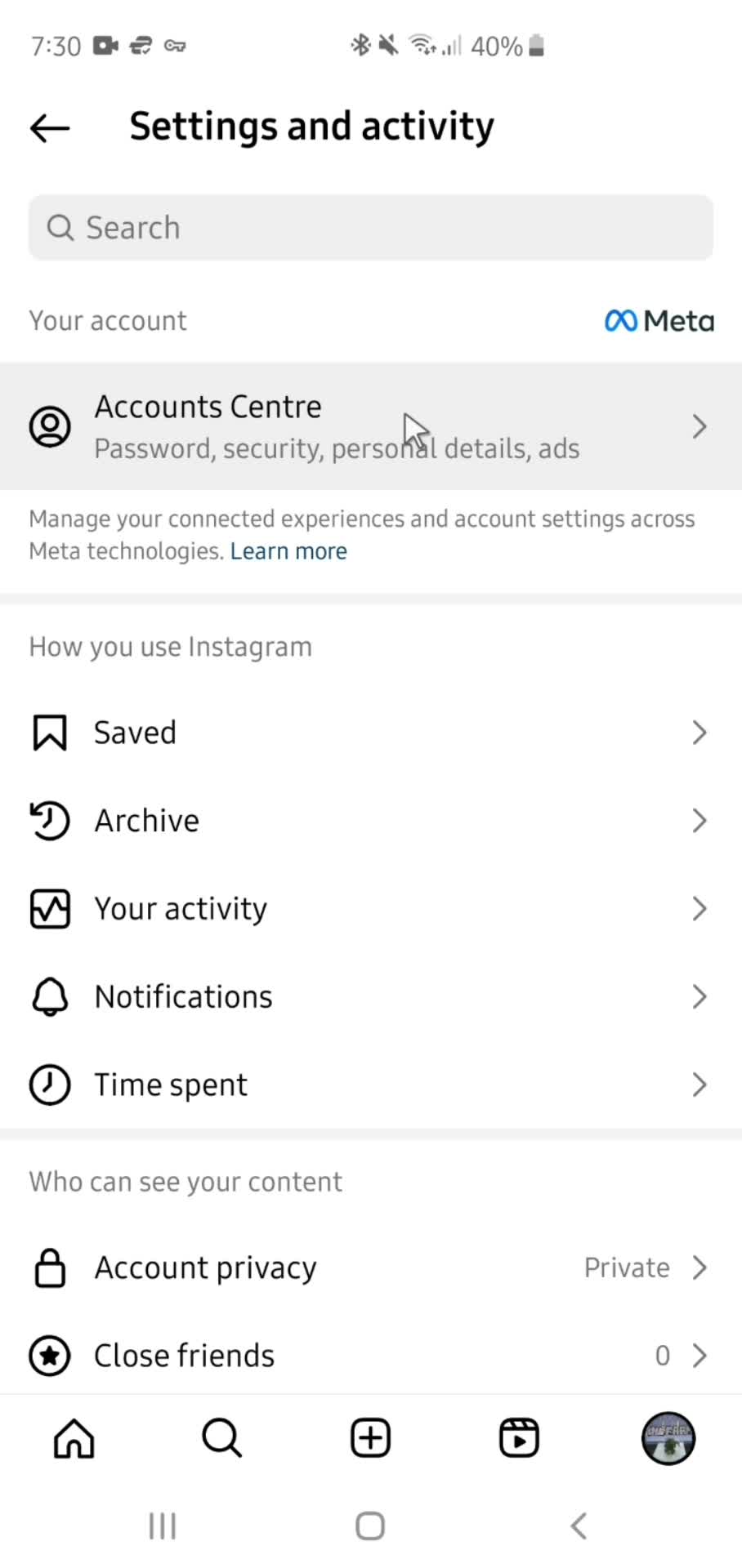 Instagram settings screenshot