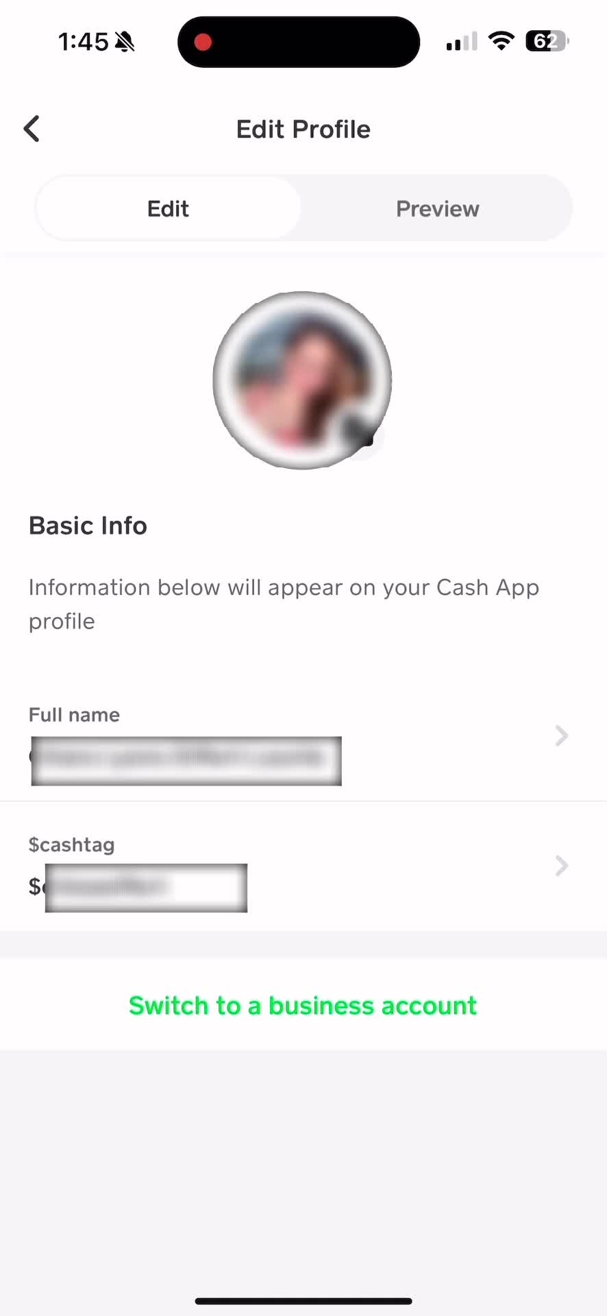 Cash App edit profile screenshot