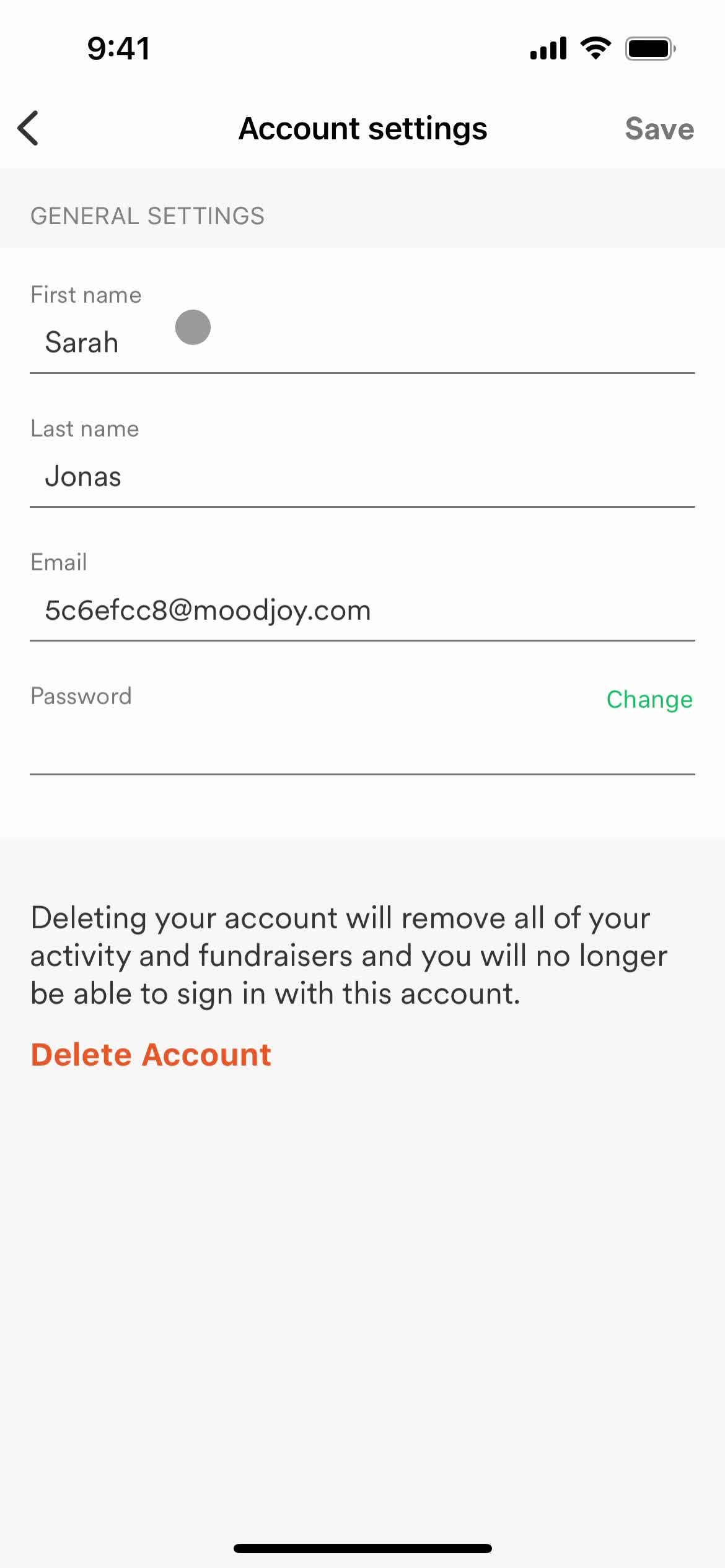 GoFundMe account settings screenshot