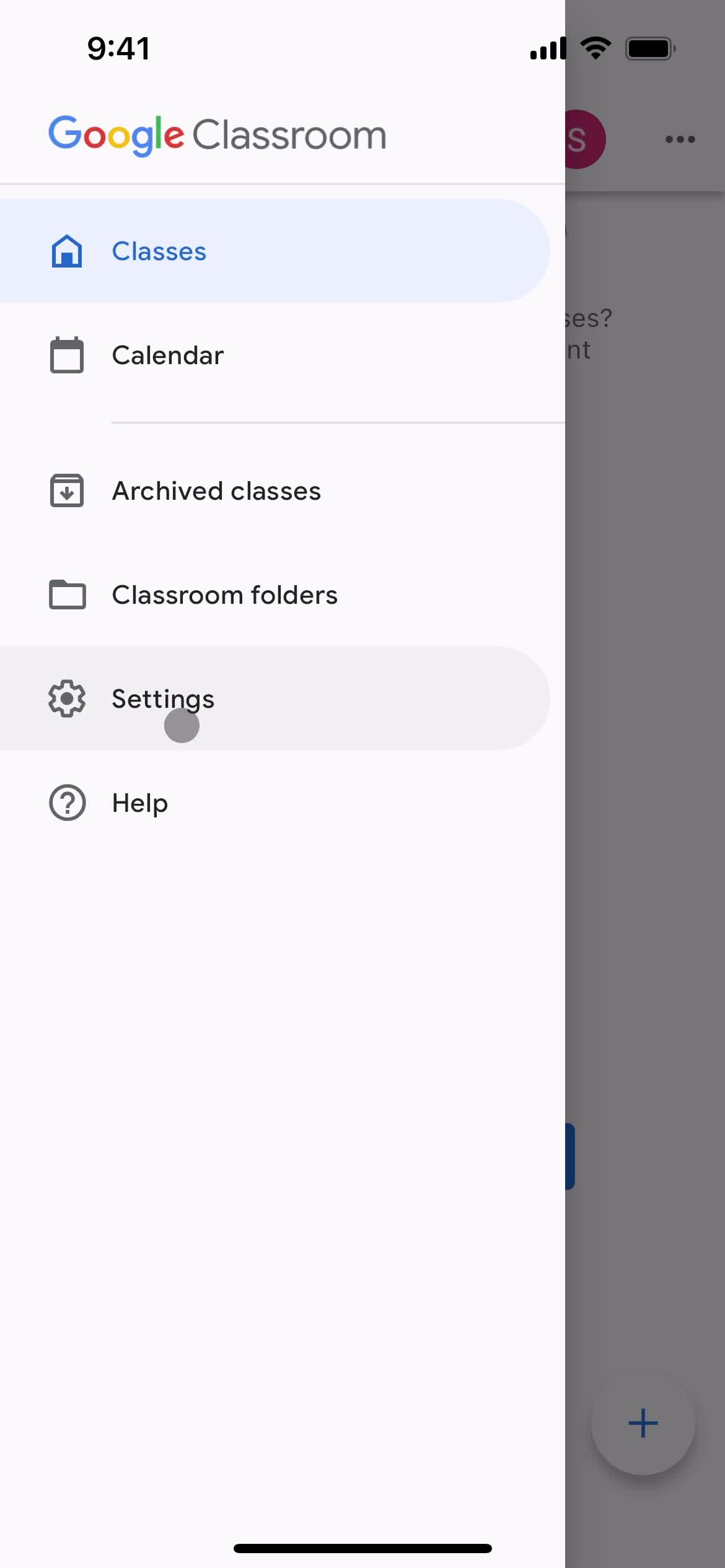 Google Classroom account menu screenshot