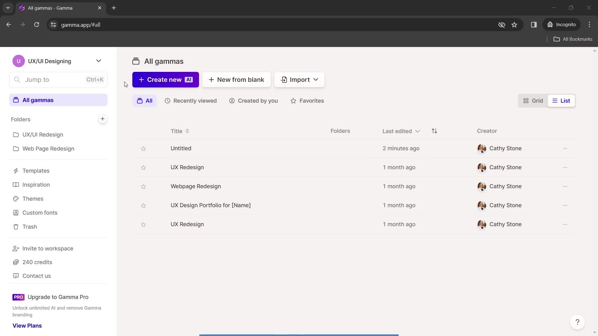 Gamma dashboard screenshot