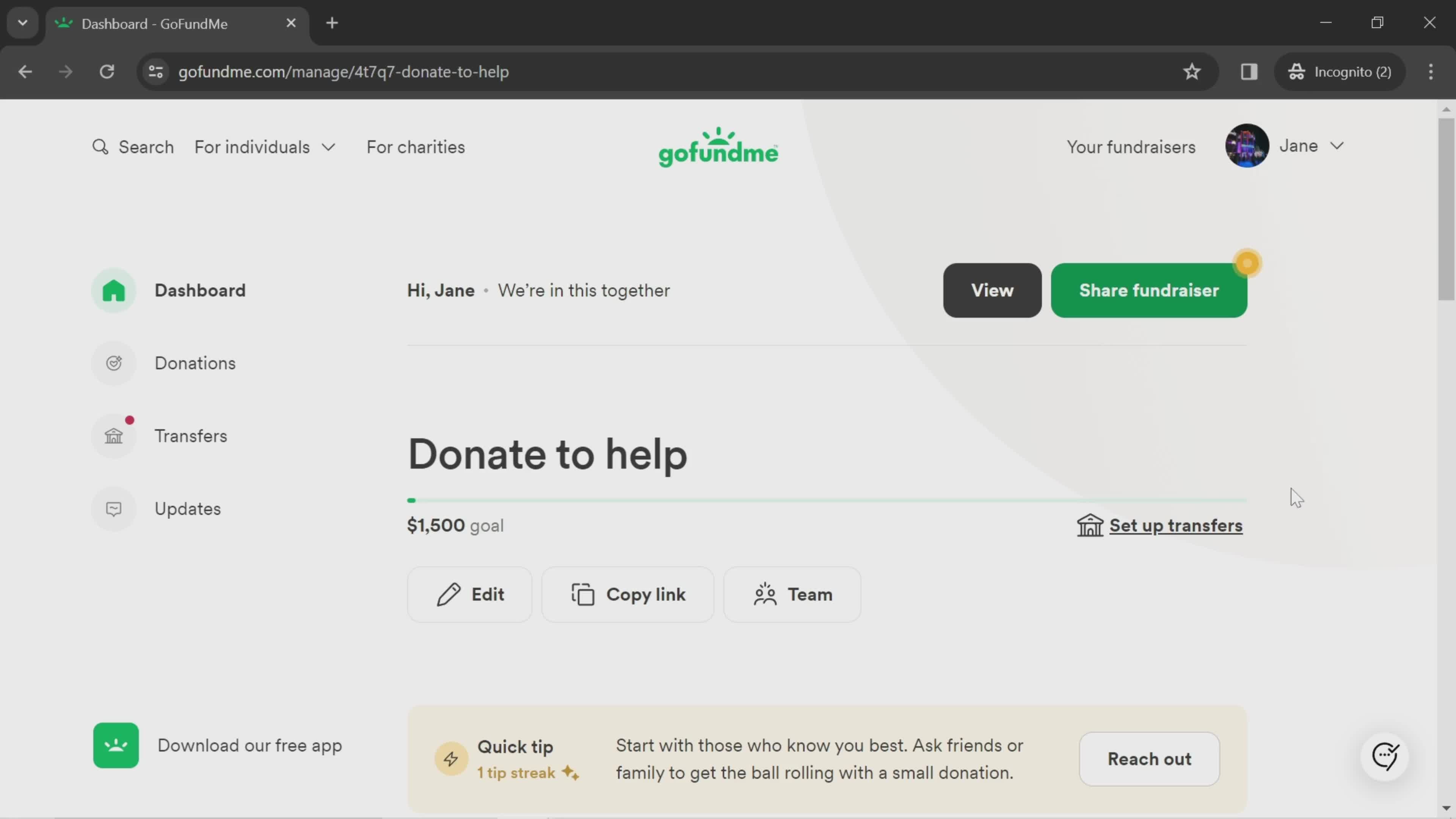 GoFundMe dashboard screenshot