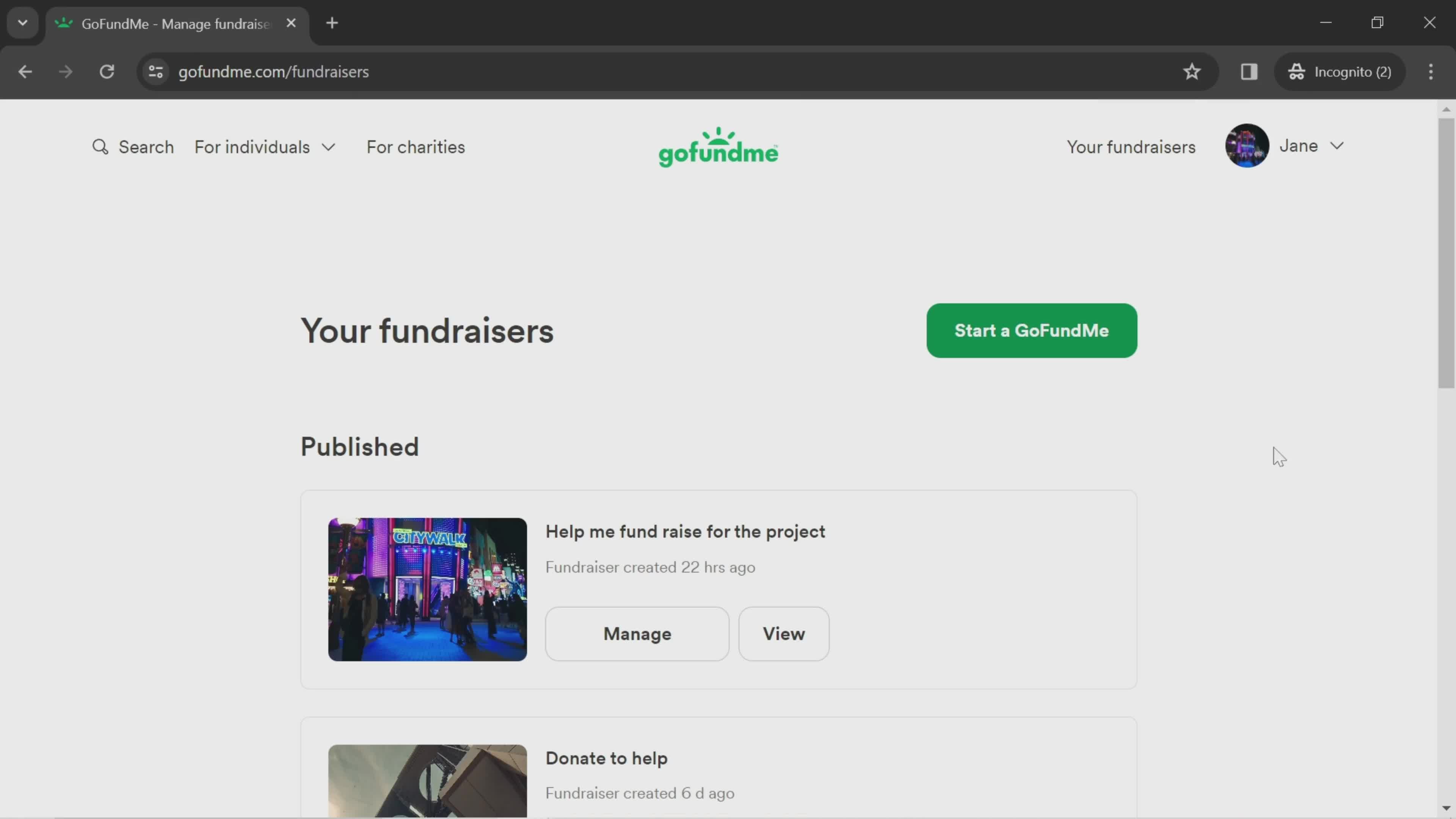 GoFundMe fundraisers screenshot