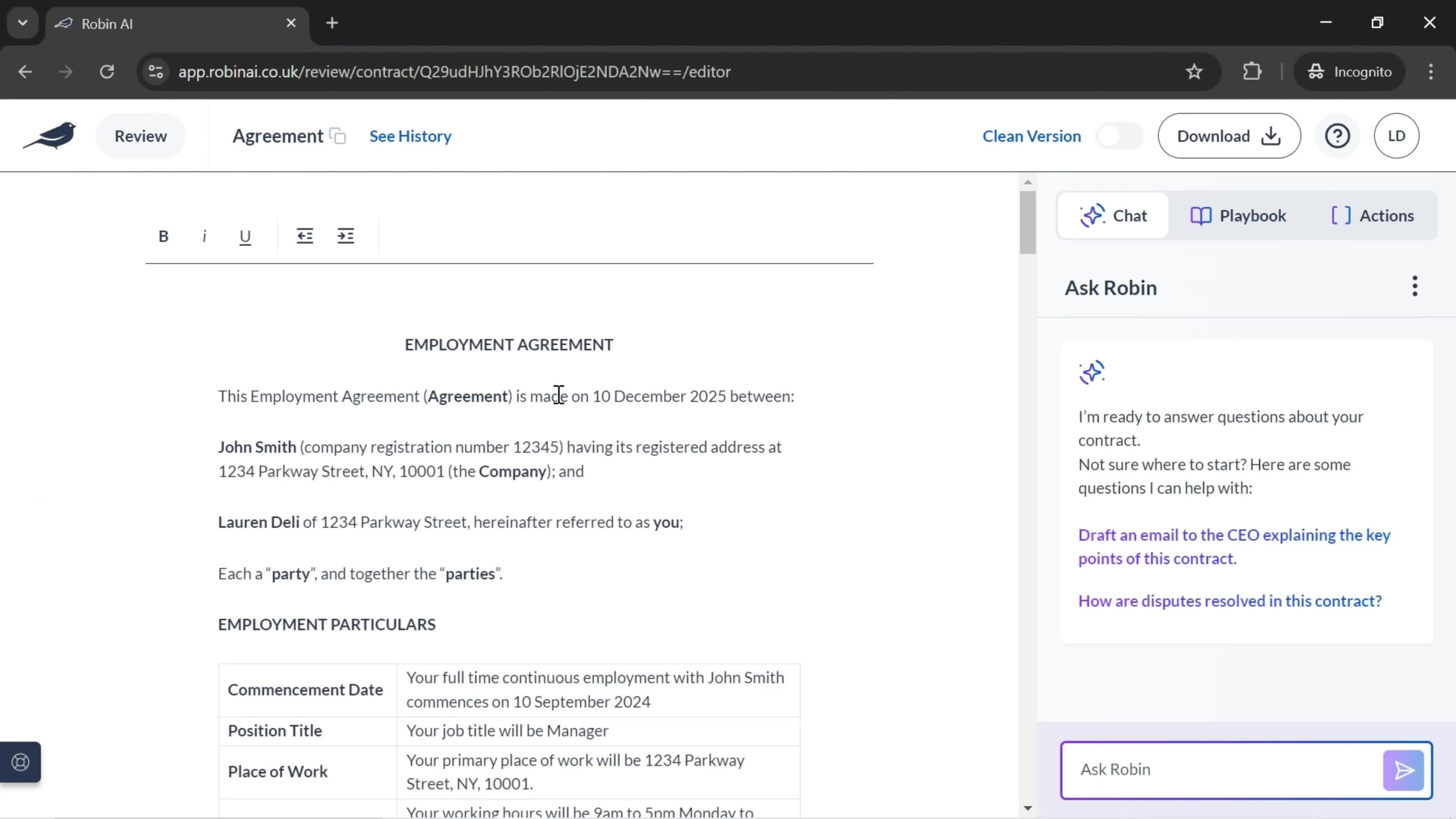 Robin AI document editor screenshot