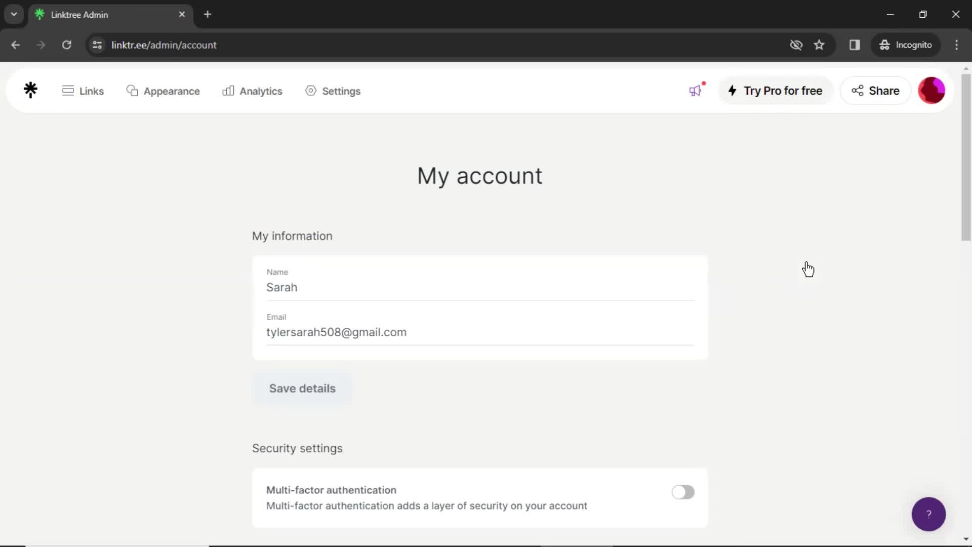 Linktree account details screenshot