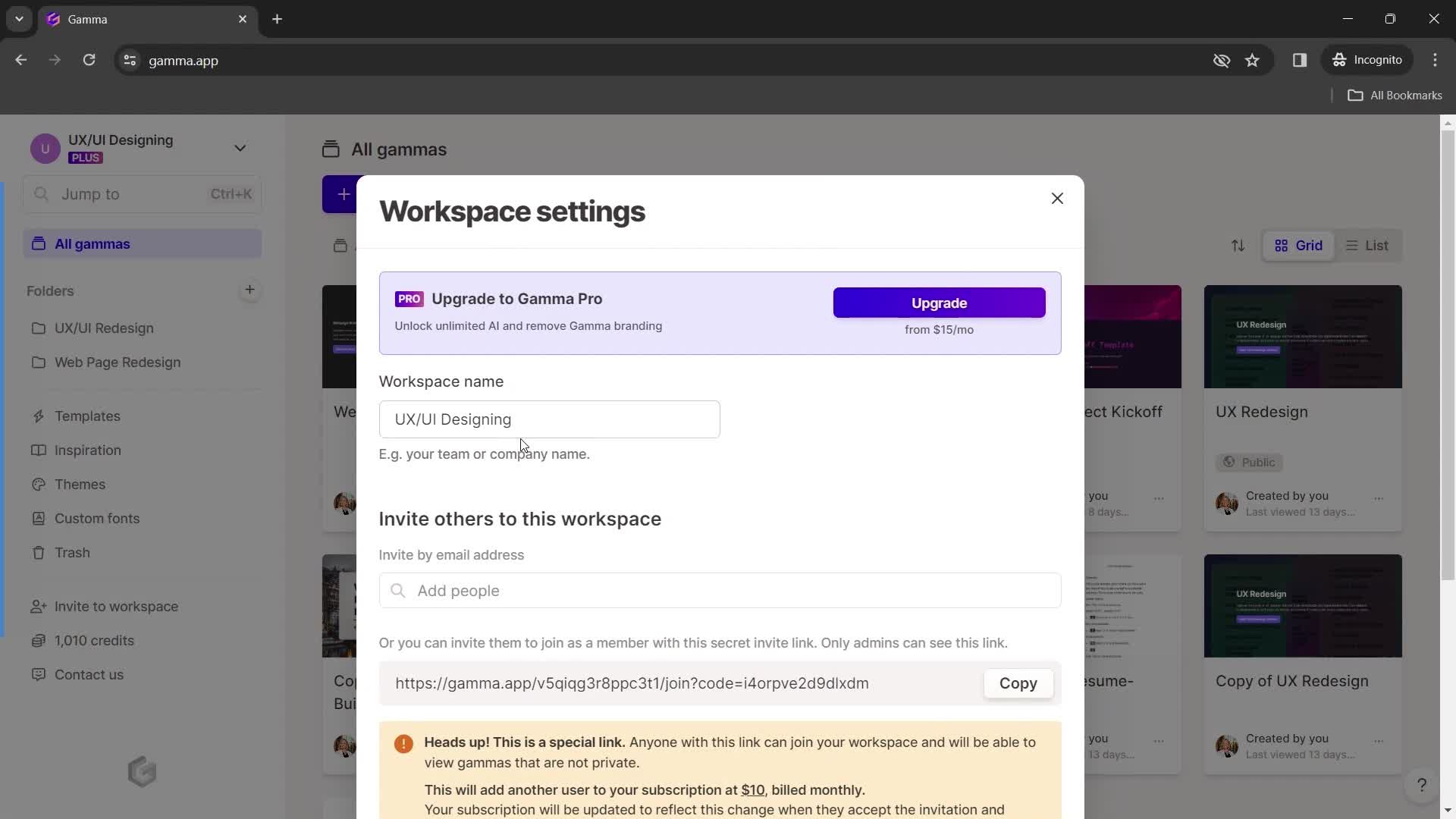 Gamma workspace settings screenshot