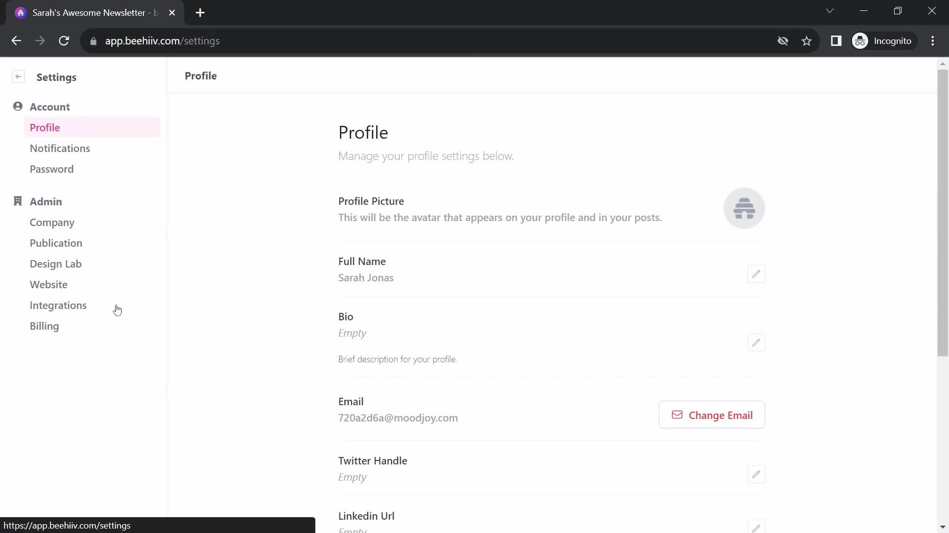 Beehiiv profile settings screenshot