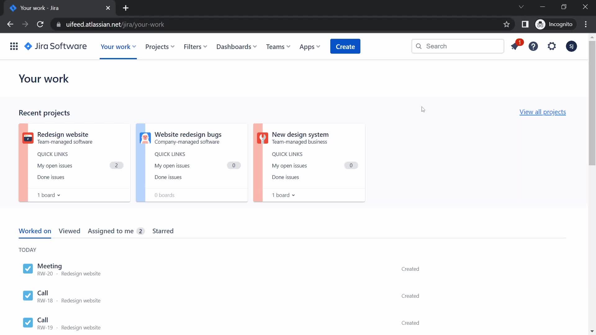 Jira dashboard screenshot