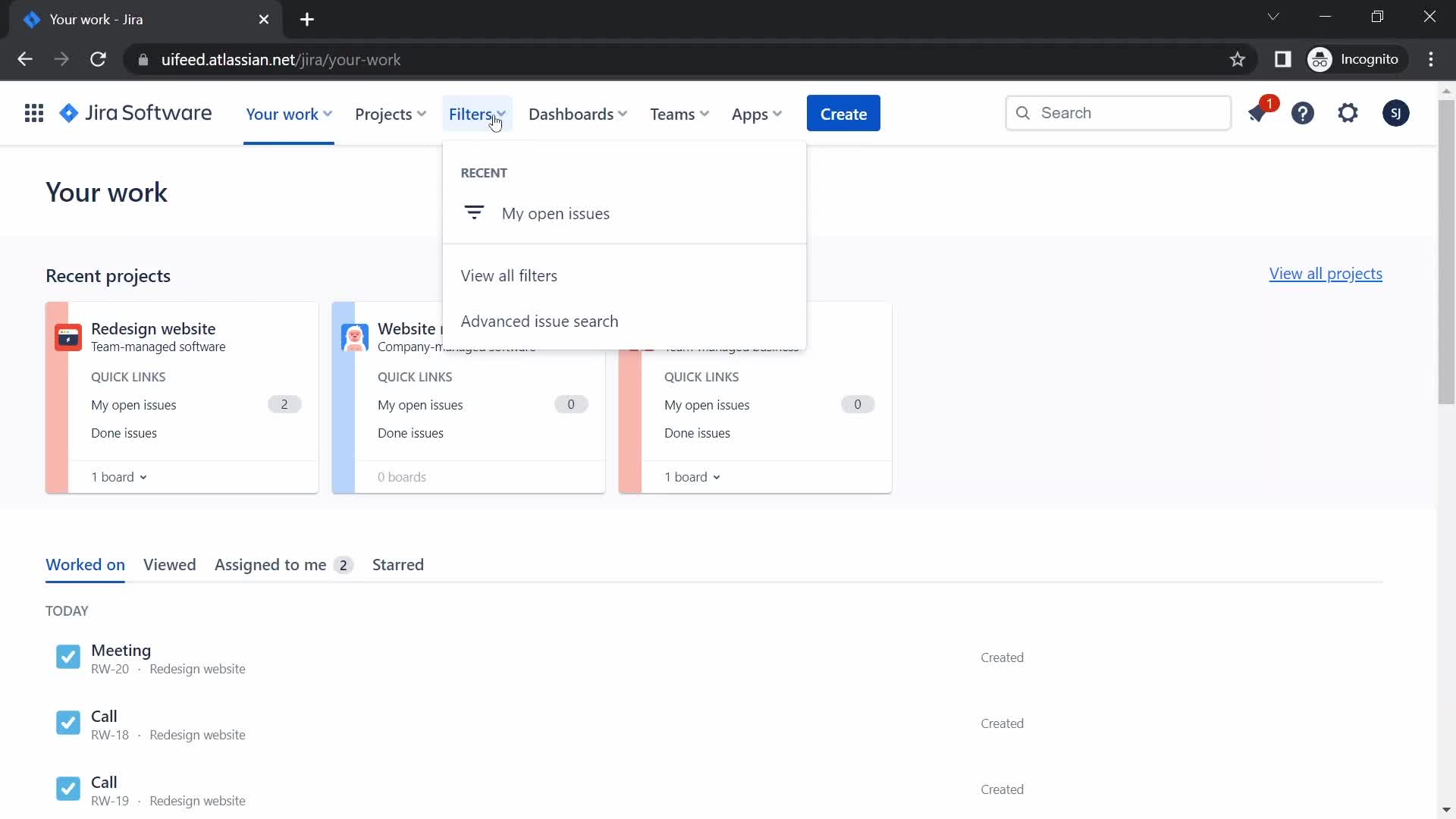 Jira filters screenshot