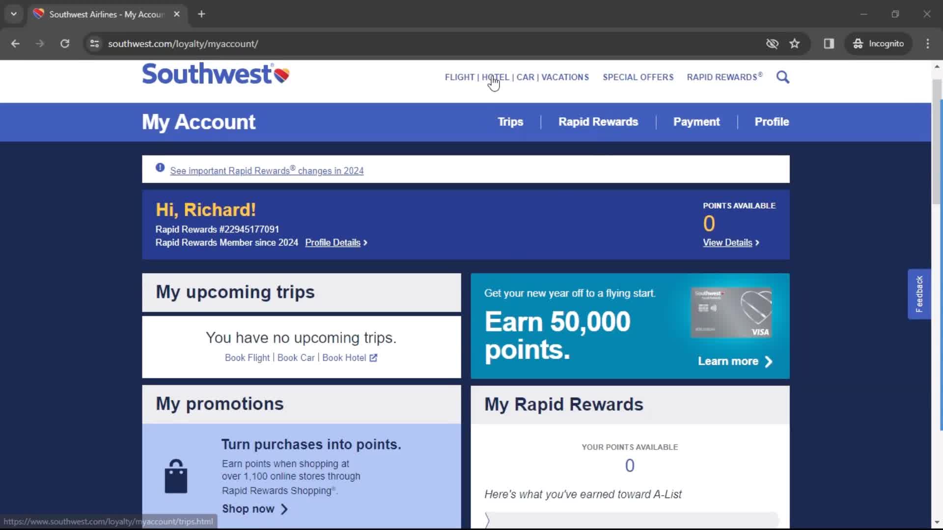 Southwest Airlines dashboard screenshot