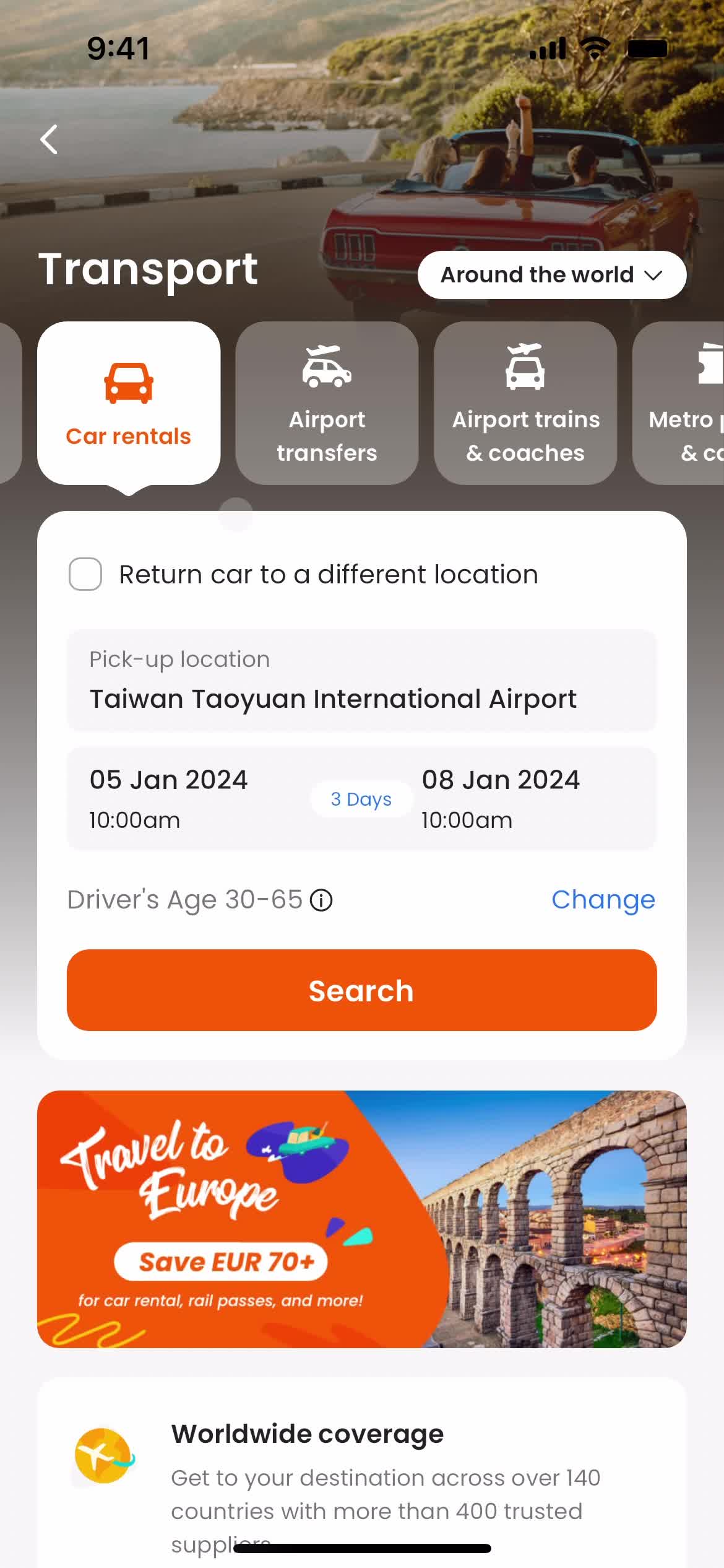 Klook car rental screenshot