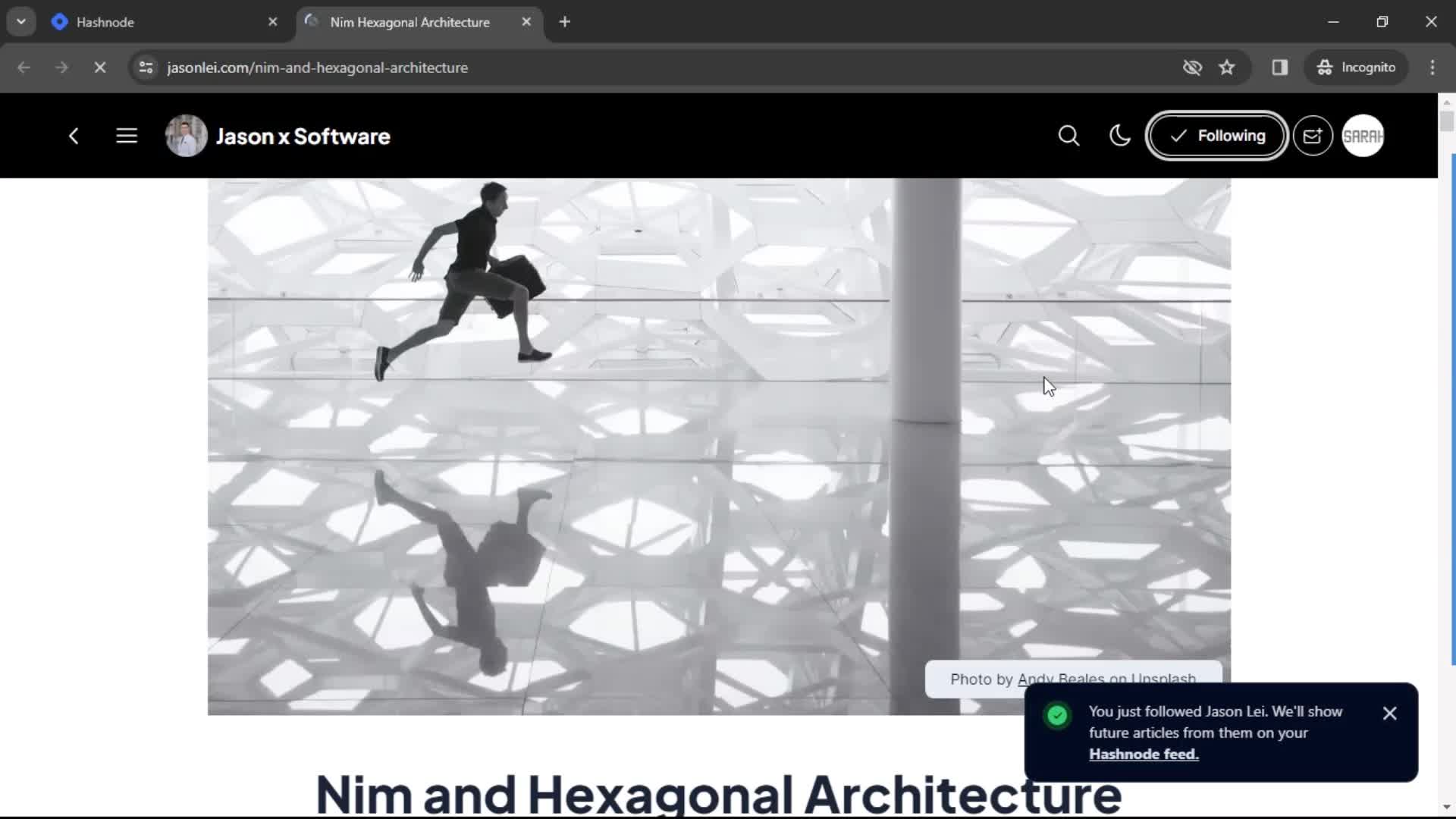 Hashnode following screenshot