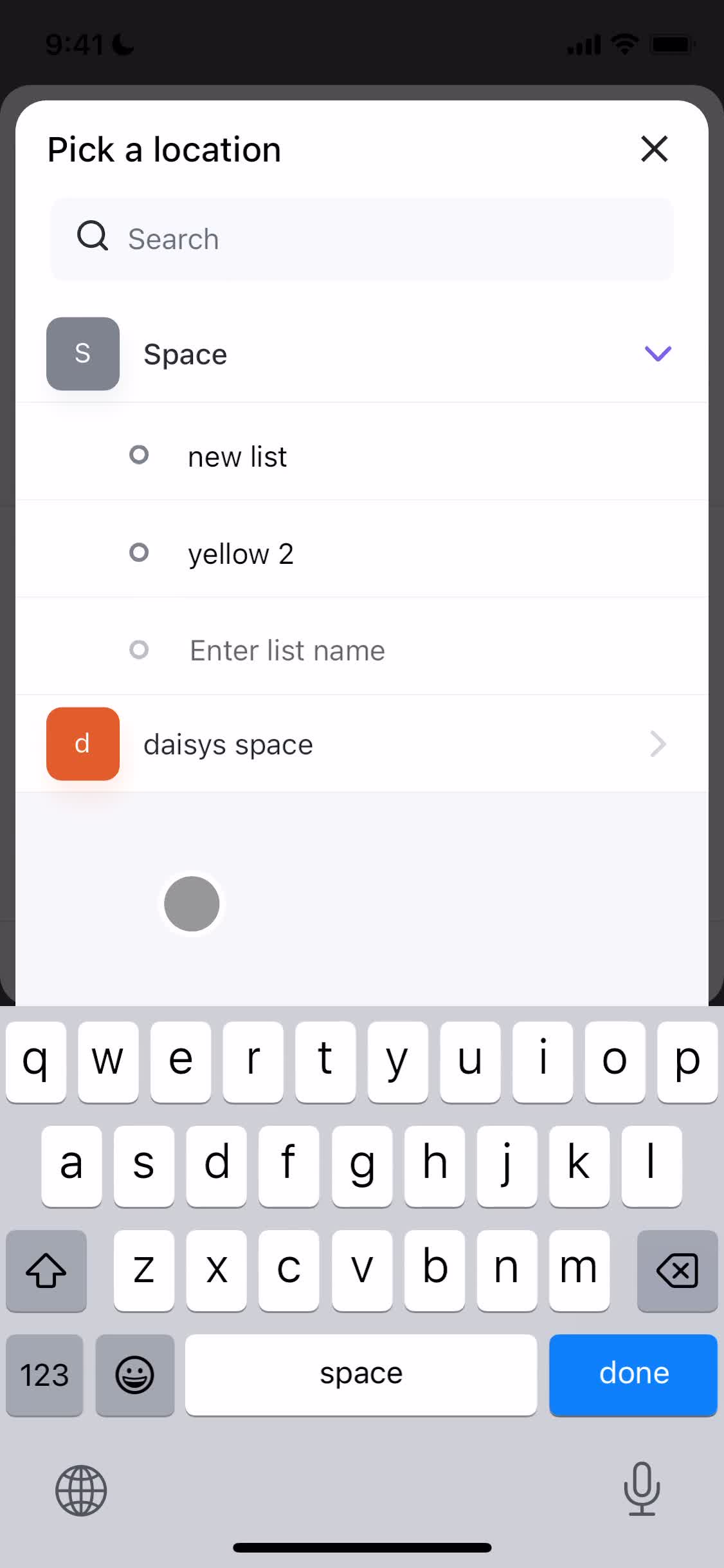 ClickUp create a list screenshot