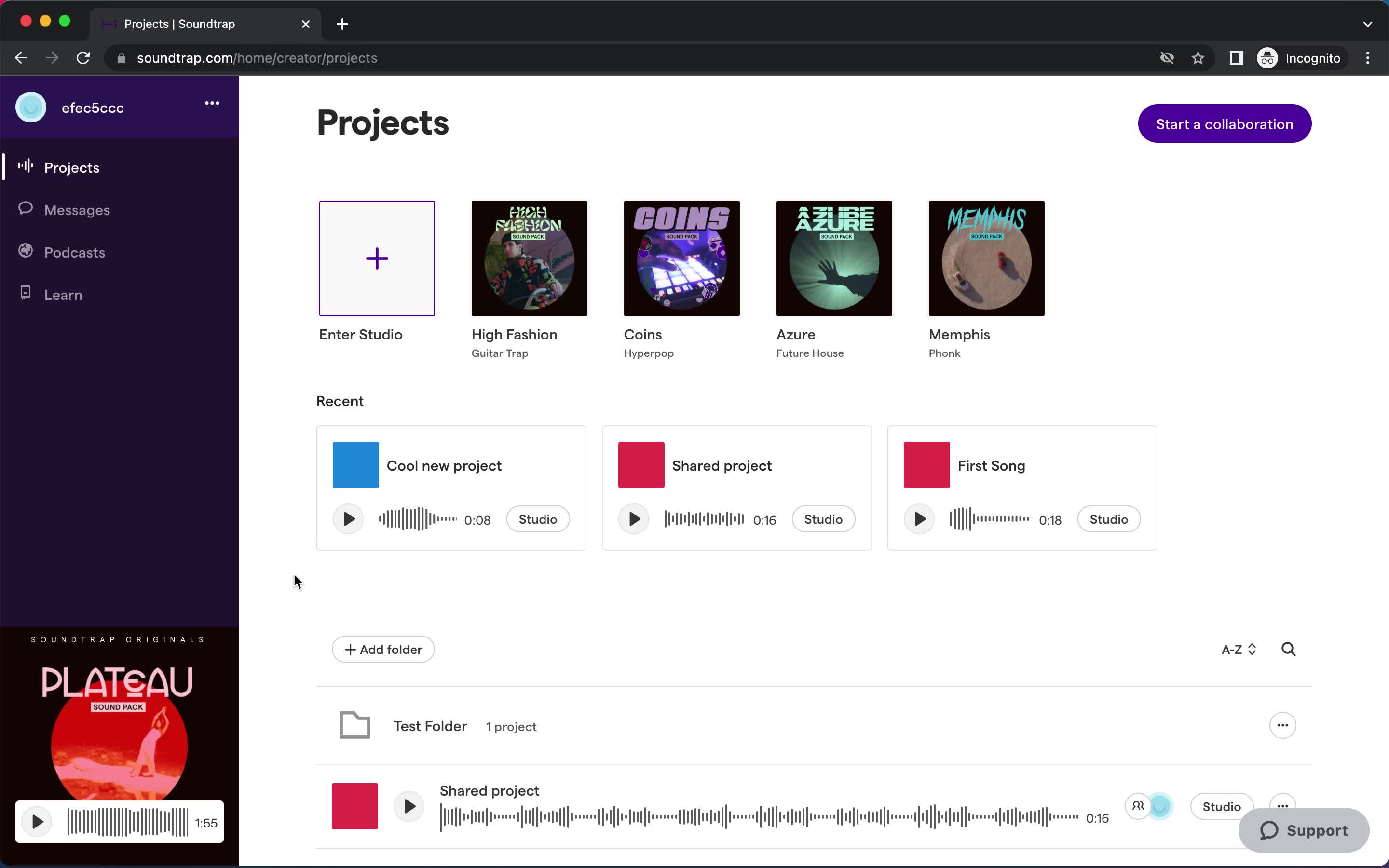 Soundtrap projects screenshot