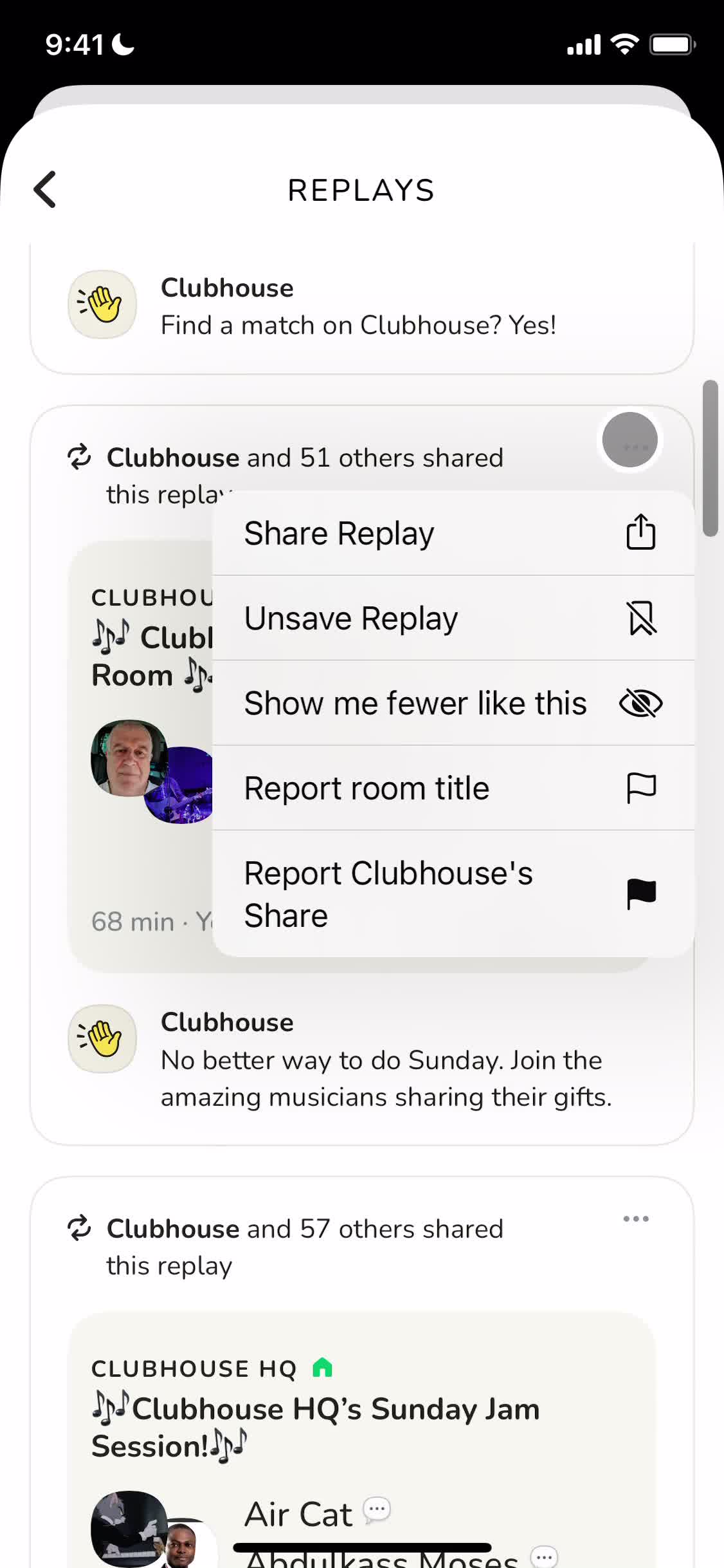 Clubhouse action menu screenshot