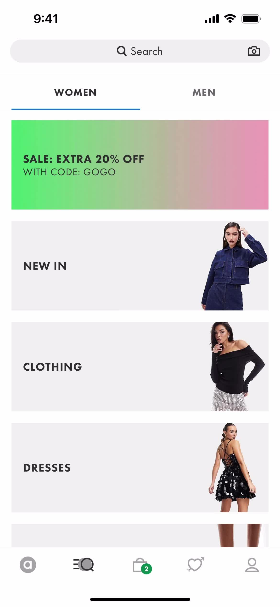 ASOS categories screenshot