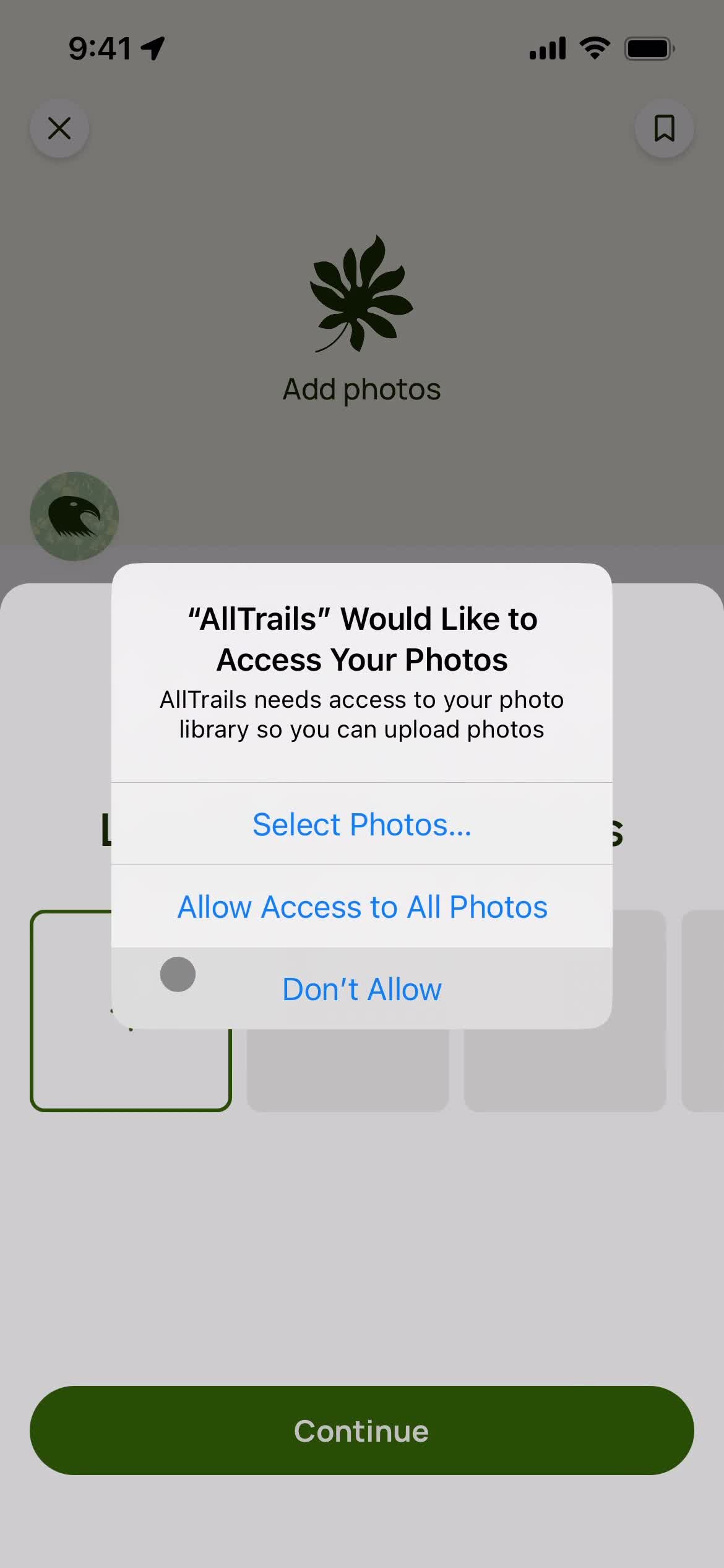 AllTrails enable photo library access screenshot