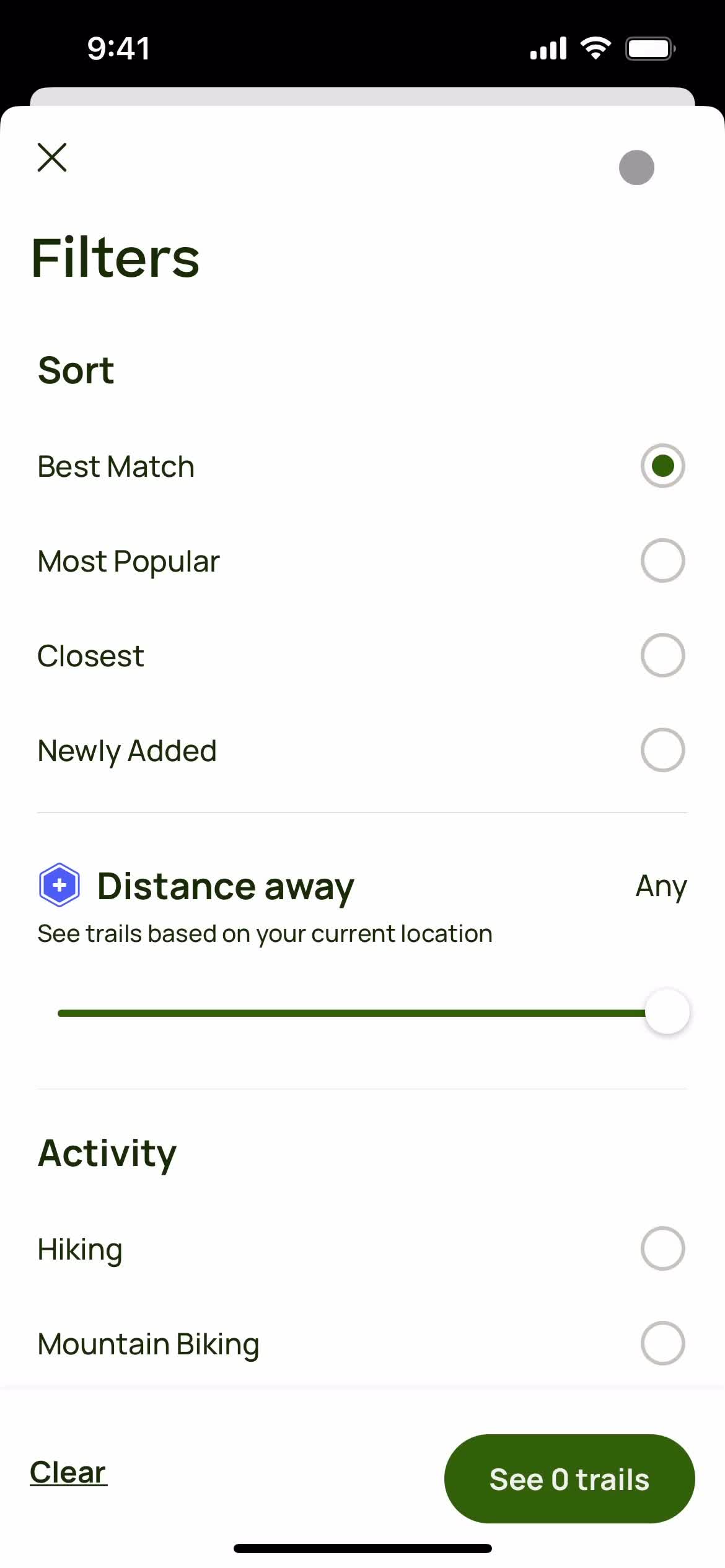 AllTrails filters screenshot