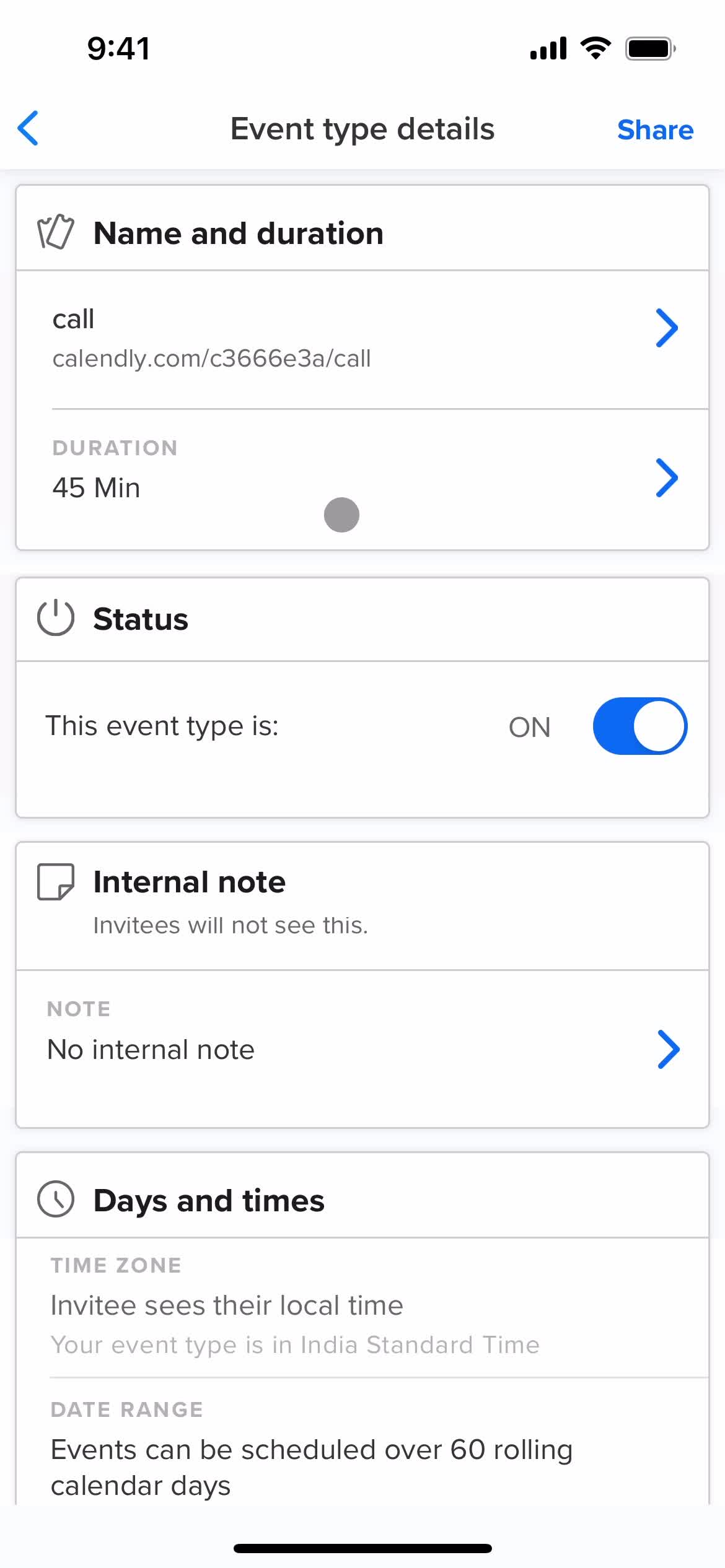 Calendly event type details screenshot