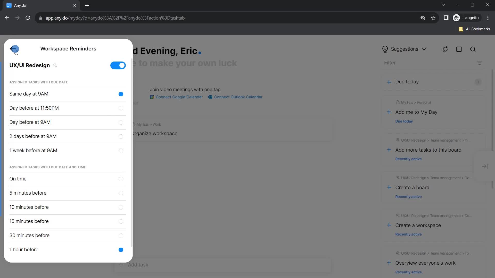 Any.do workspace reminders screenshot