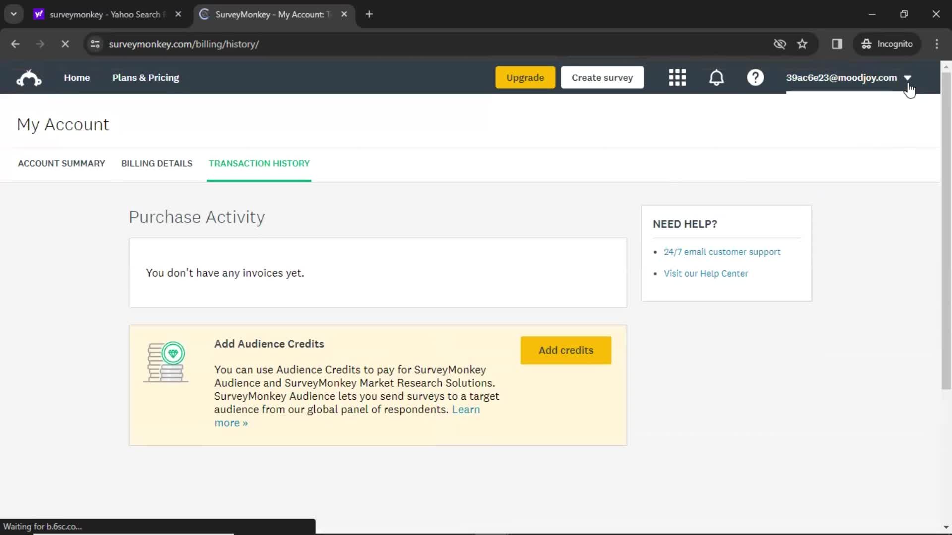 SurveyMonkey transaction history screenshot