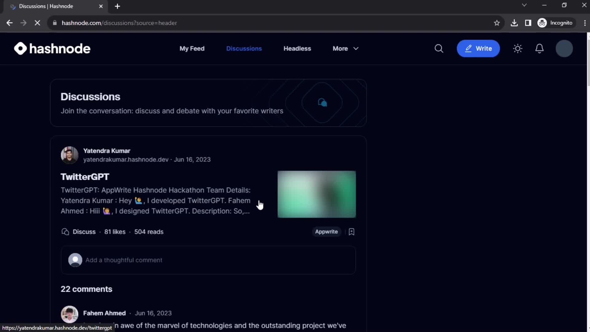 Hashnode discussions screenshot