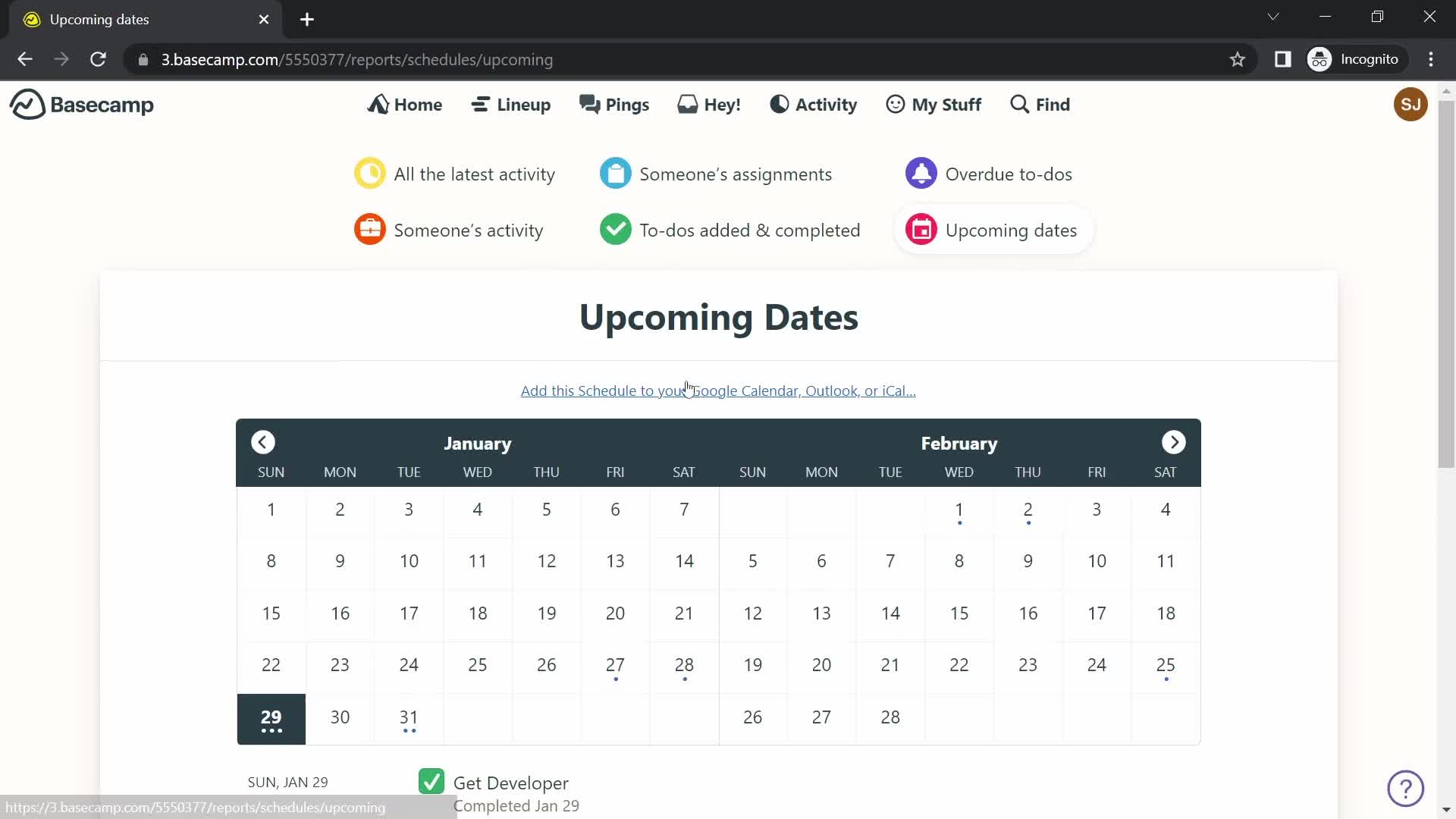 Basecamp calendar screenshot