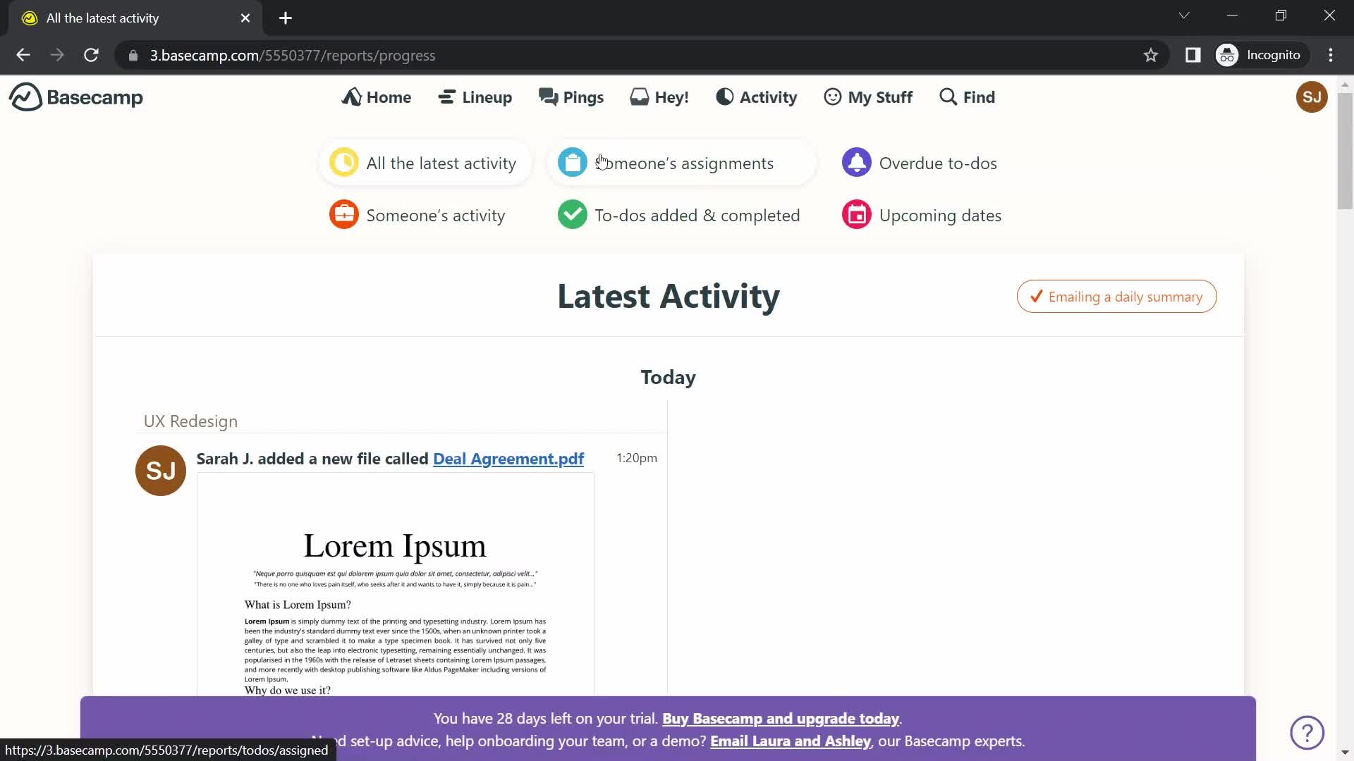 Basecamp activity feed screenshot