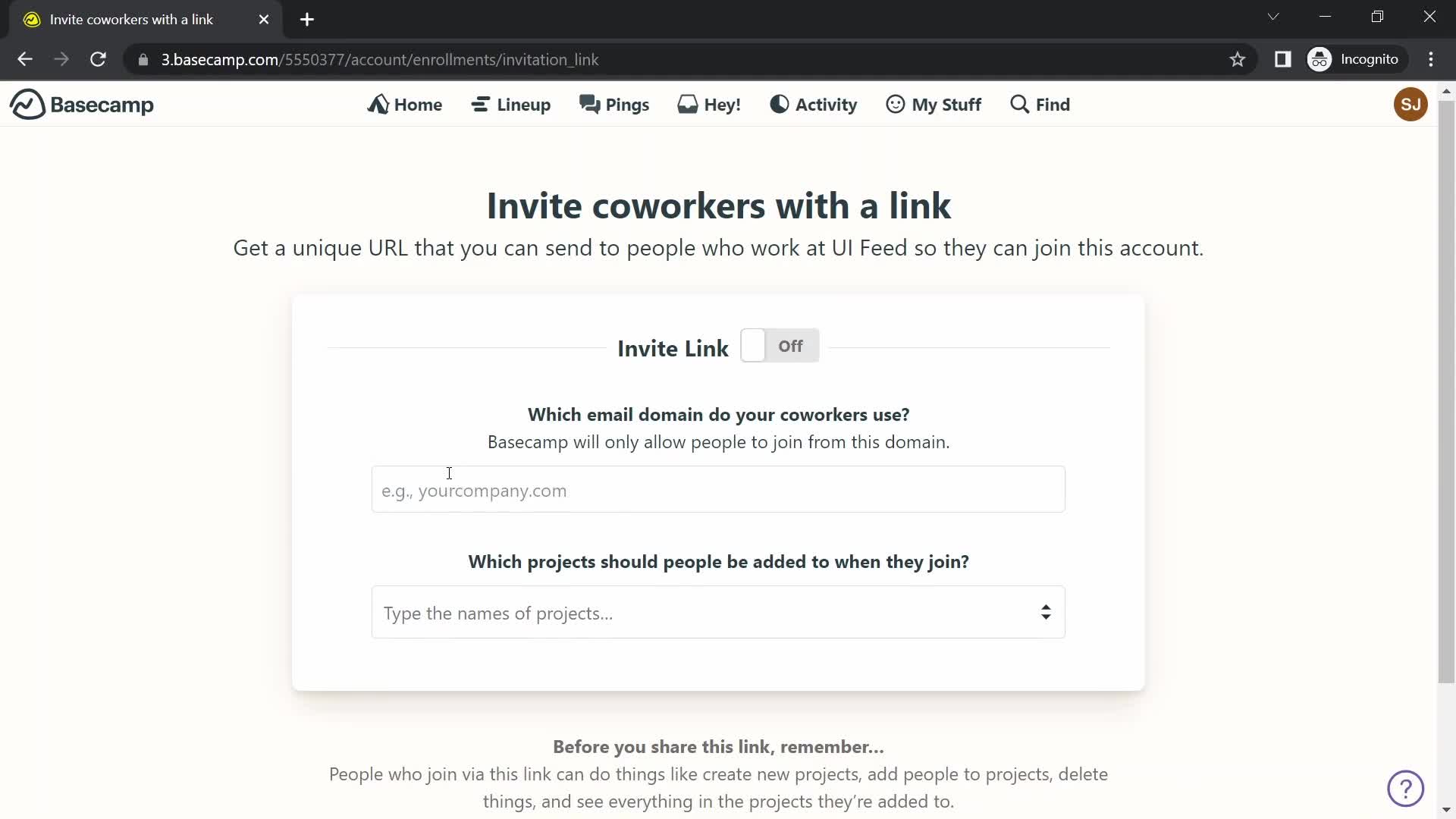 Basecamp invite people screenshot