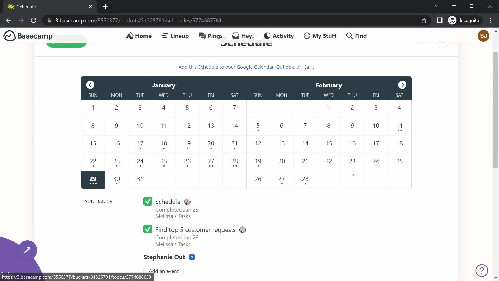 Basecamp schedule screenshot