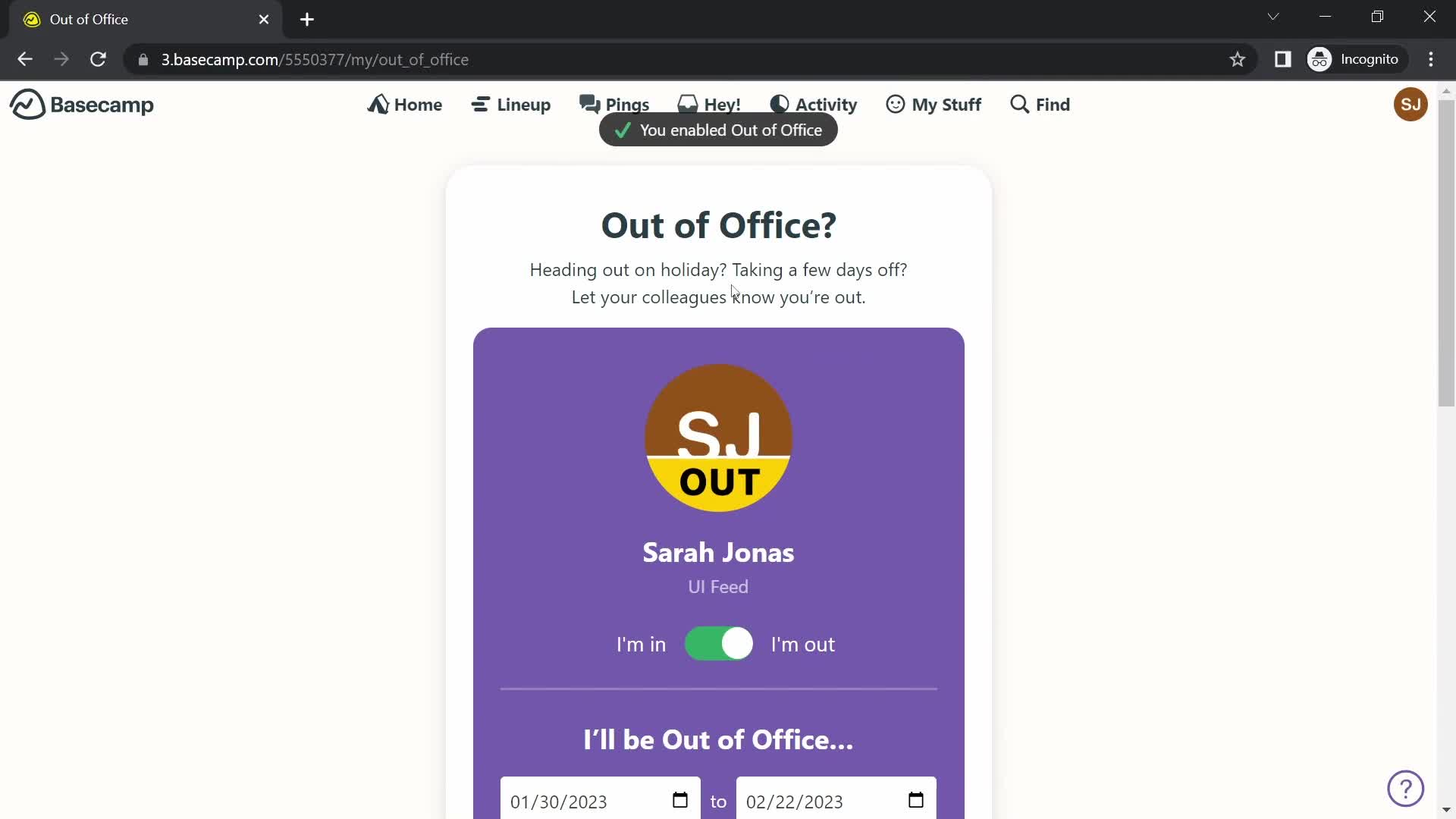 Basecamp out of office screenshot