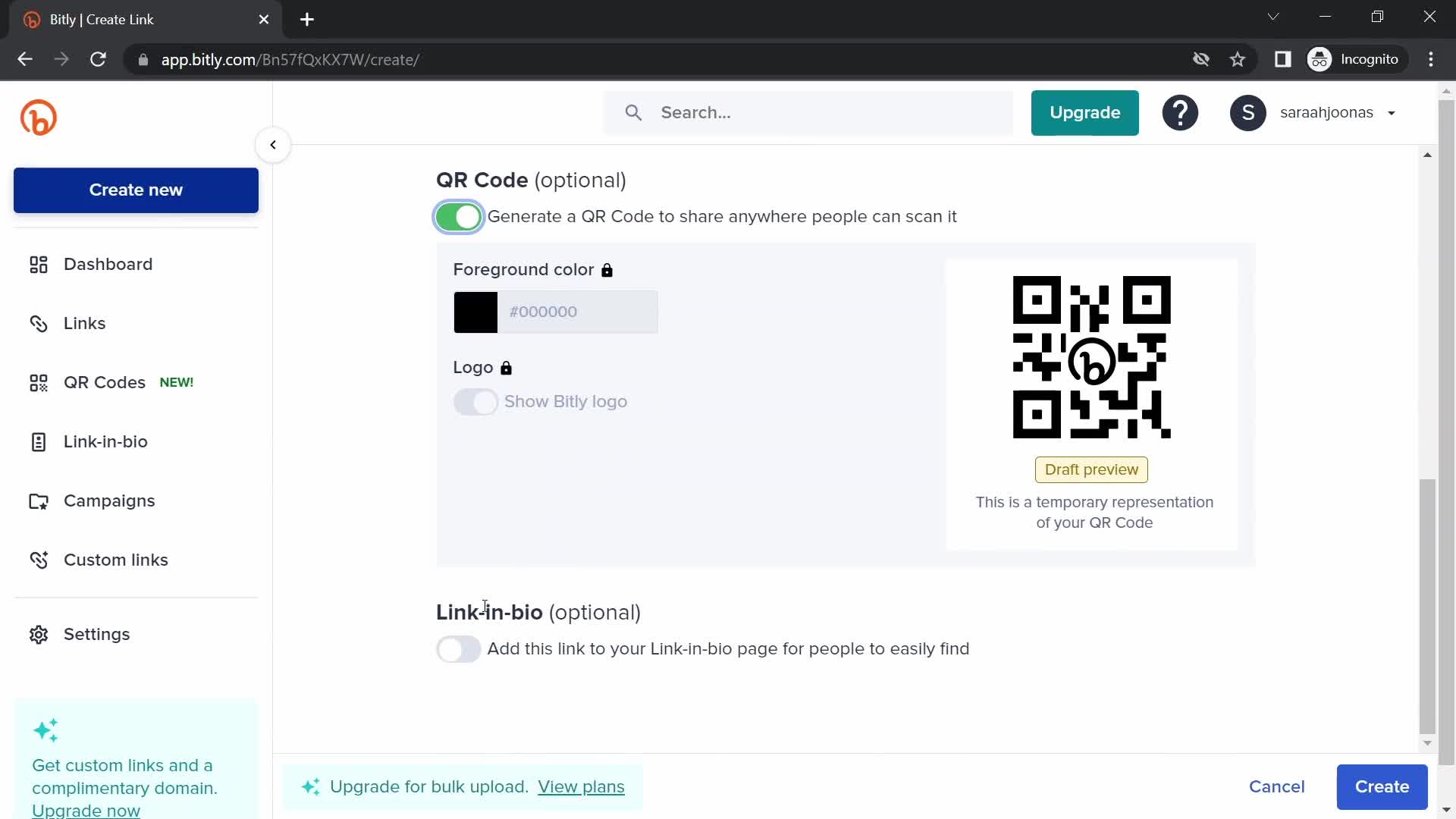 Bitly create qr code screenshot